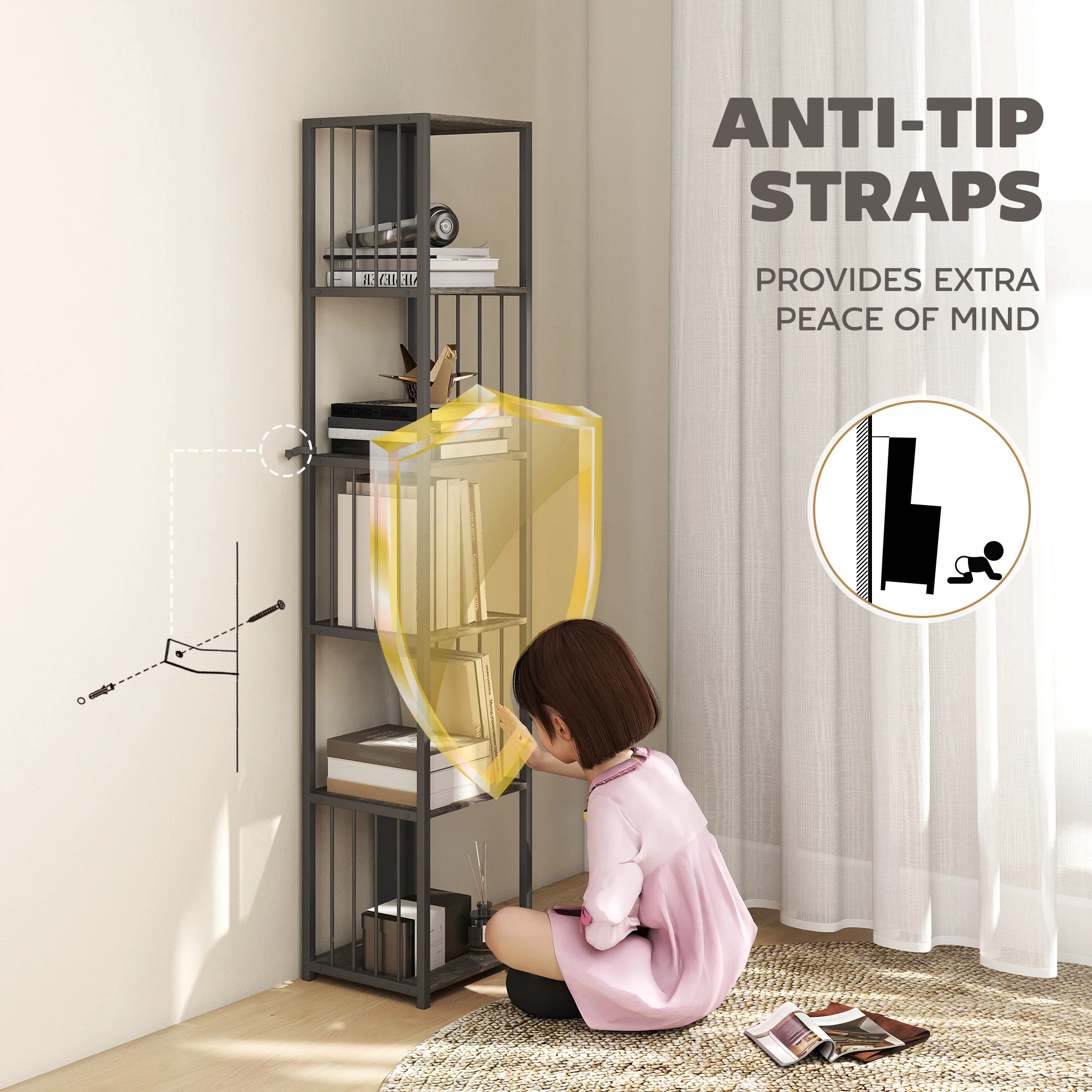 HOMCOM 5-Tier Bookshelf, Freestanding Display Storage Unit - Image 6