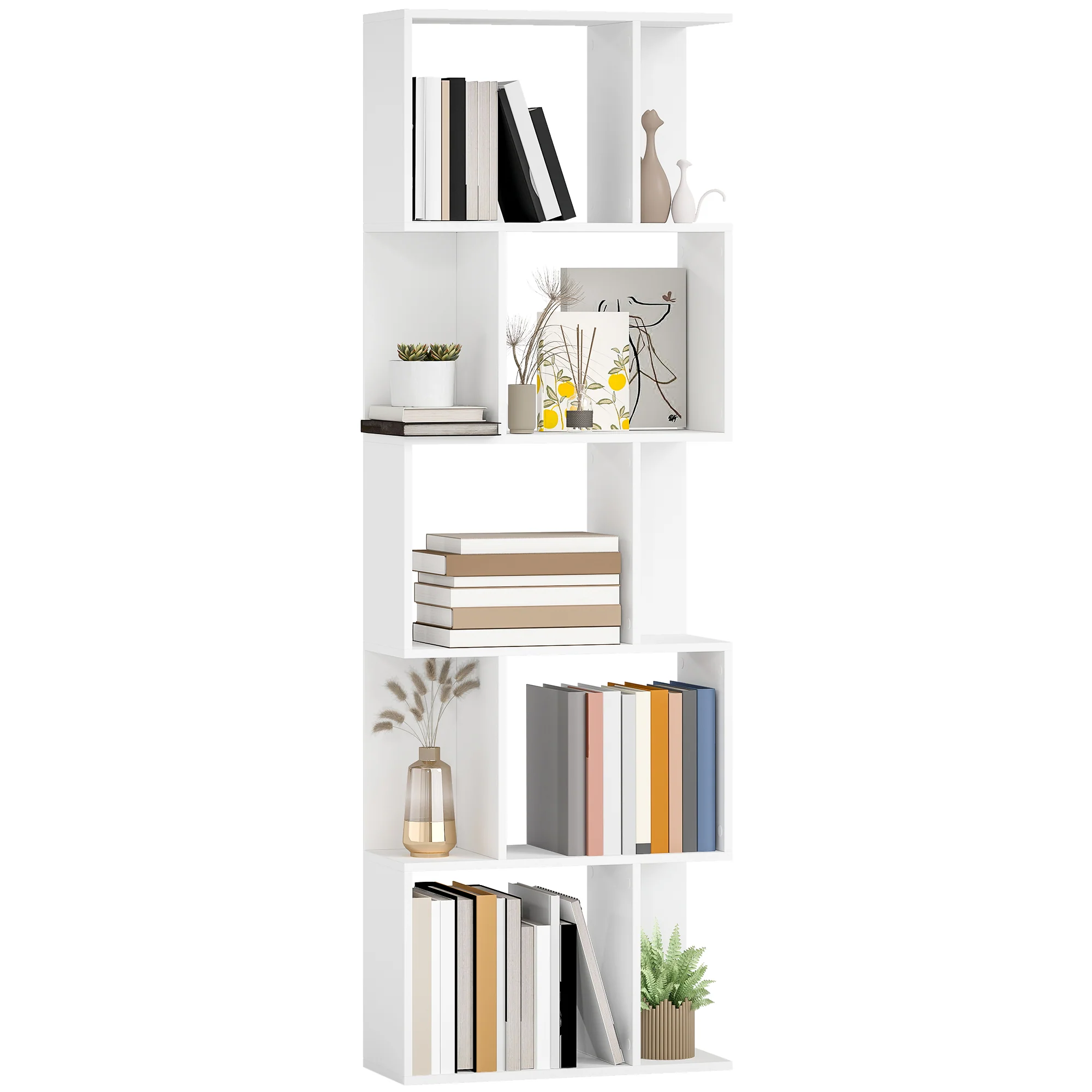 HOMCOM 5-tier Display Shelving Storage Bookcase S Shape Bookshelf, White