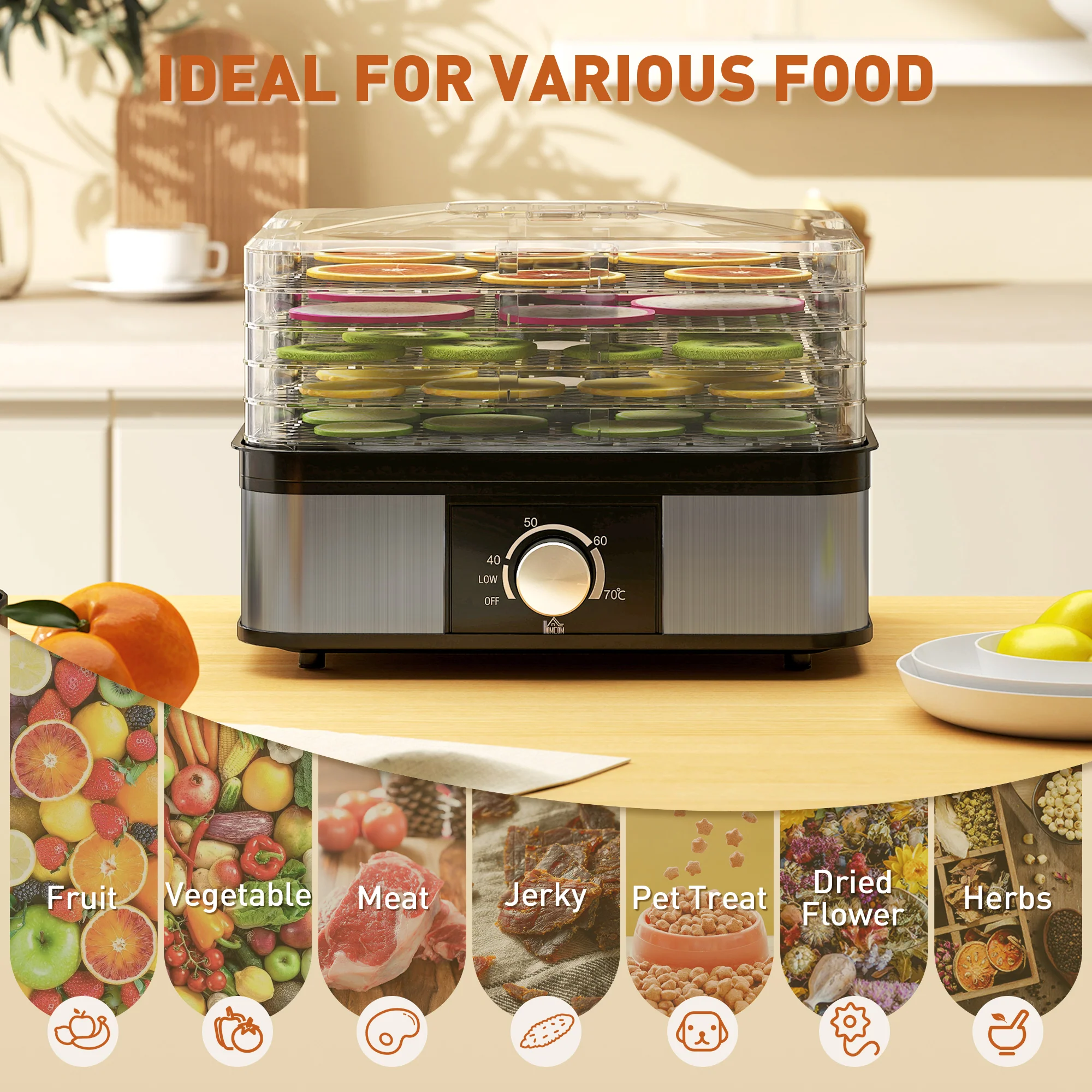 HOMCOM 5 Tier Food Dehydrator, 245W For Drying Fruit, Meat, Vegetable, Black - Image 4