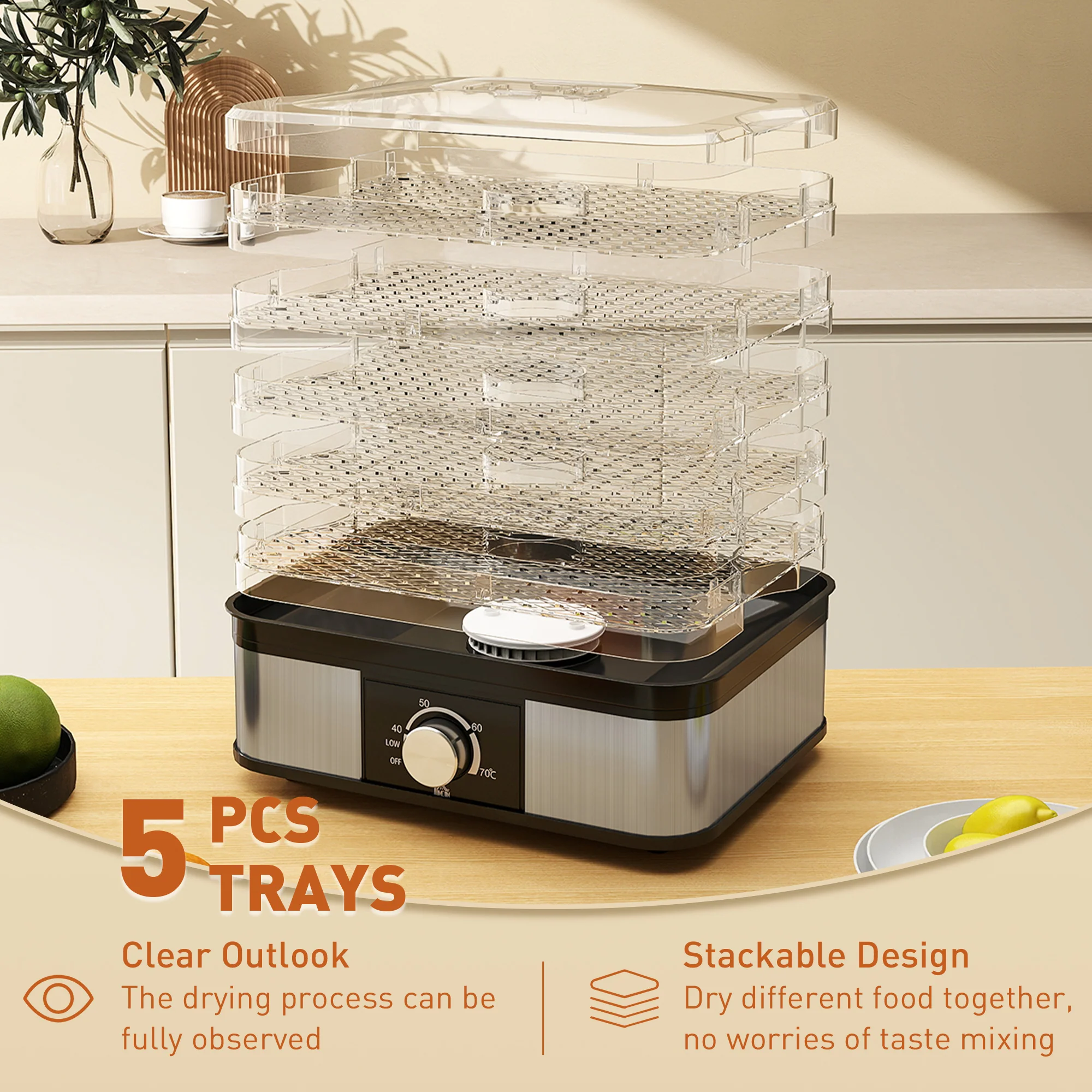 HOMCOM 5 Tier Food Dehydrator, 245W For Drying Fruit, Meat, Vegetable, Black - Image 5