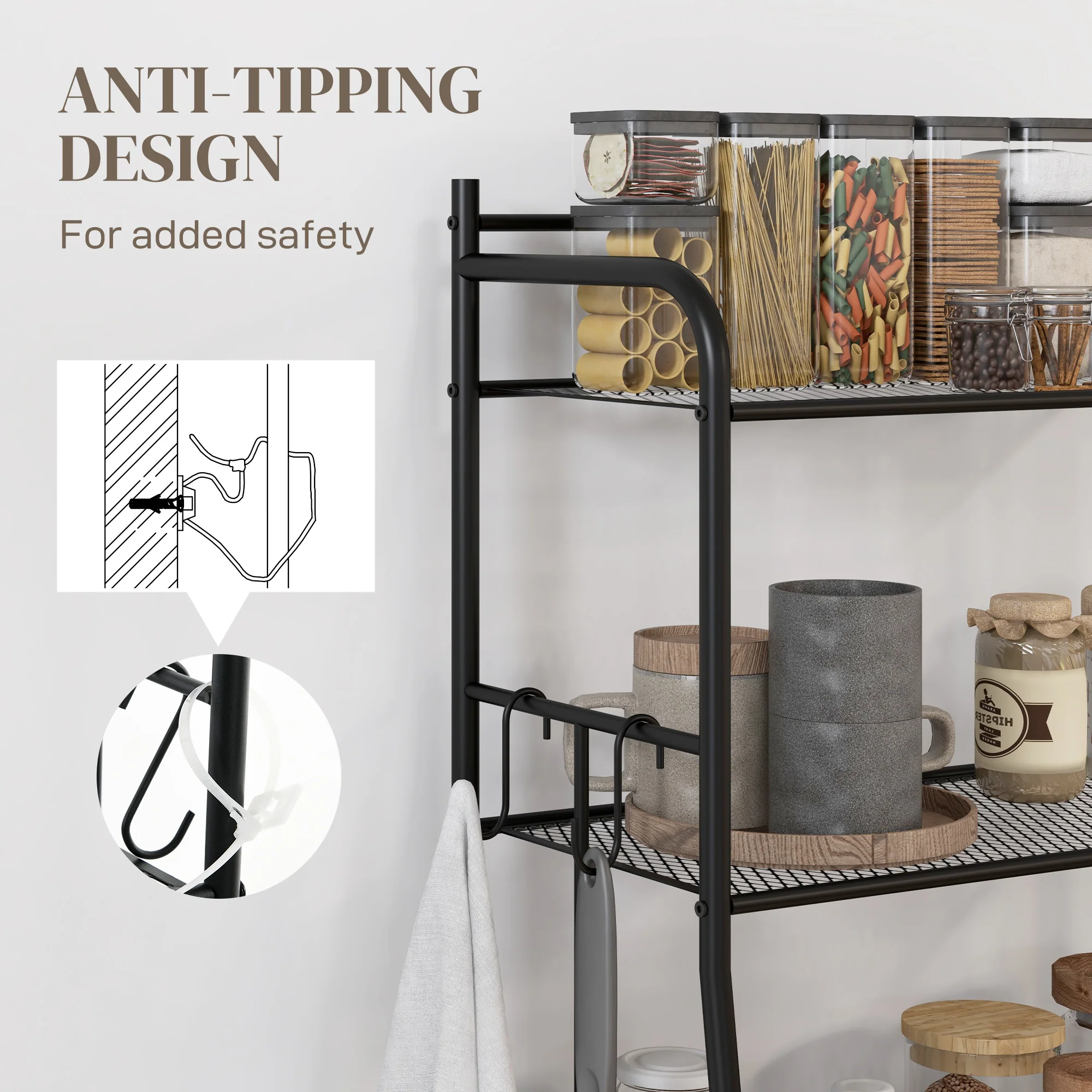 HOMCOM 5-Tier Kitchen Storage Unit, Microwave Stand With Open Shelves And Hooks - Image 6