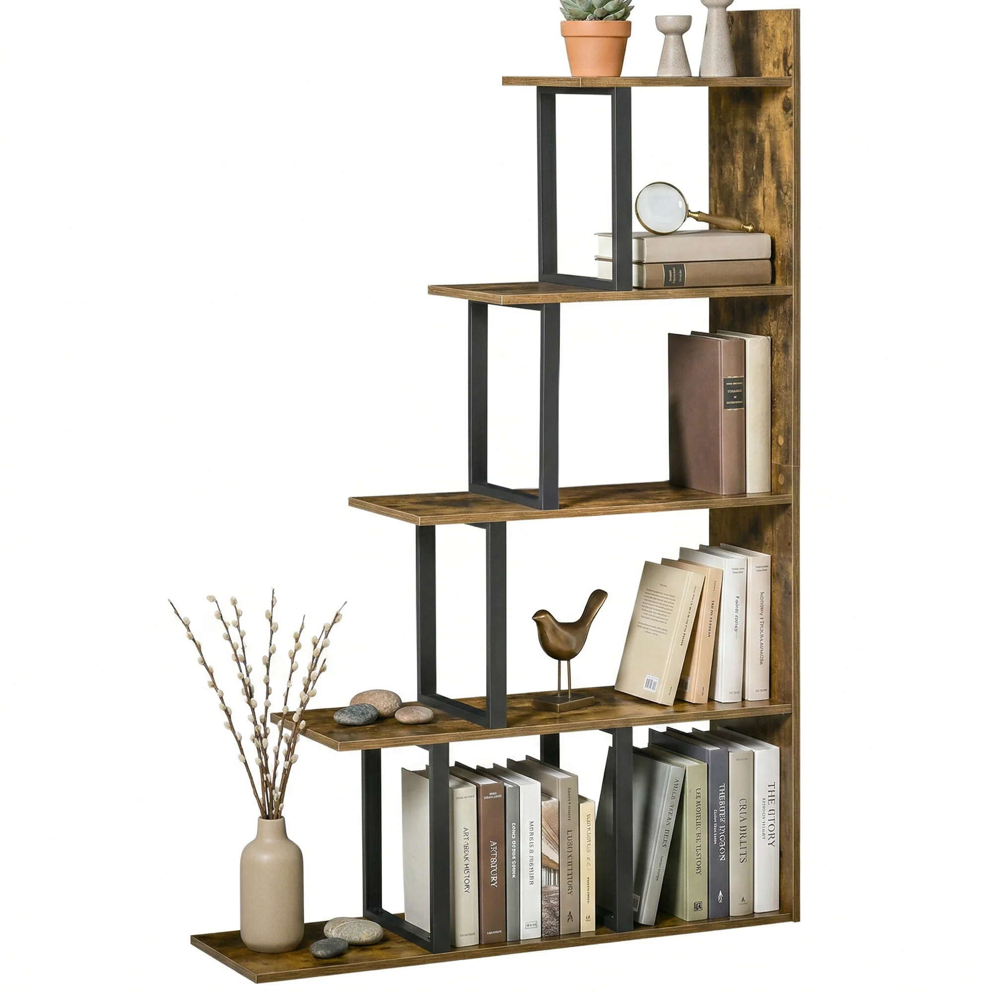 HOMCOM 5-Tier Ladder Shelf Display Plant Stand Home Ladder Rustic Brown