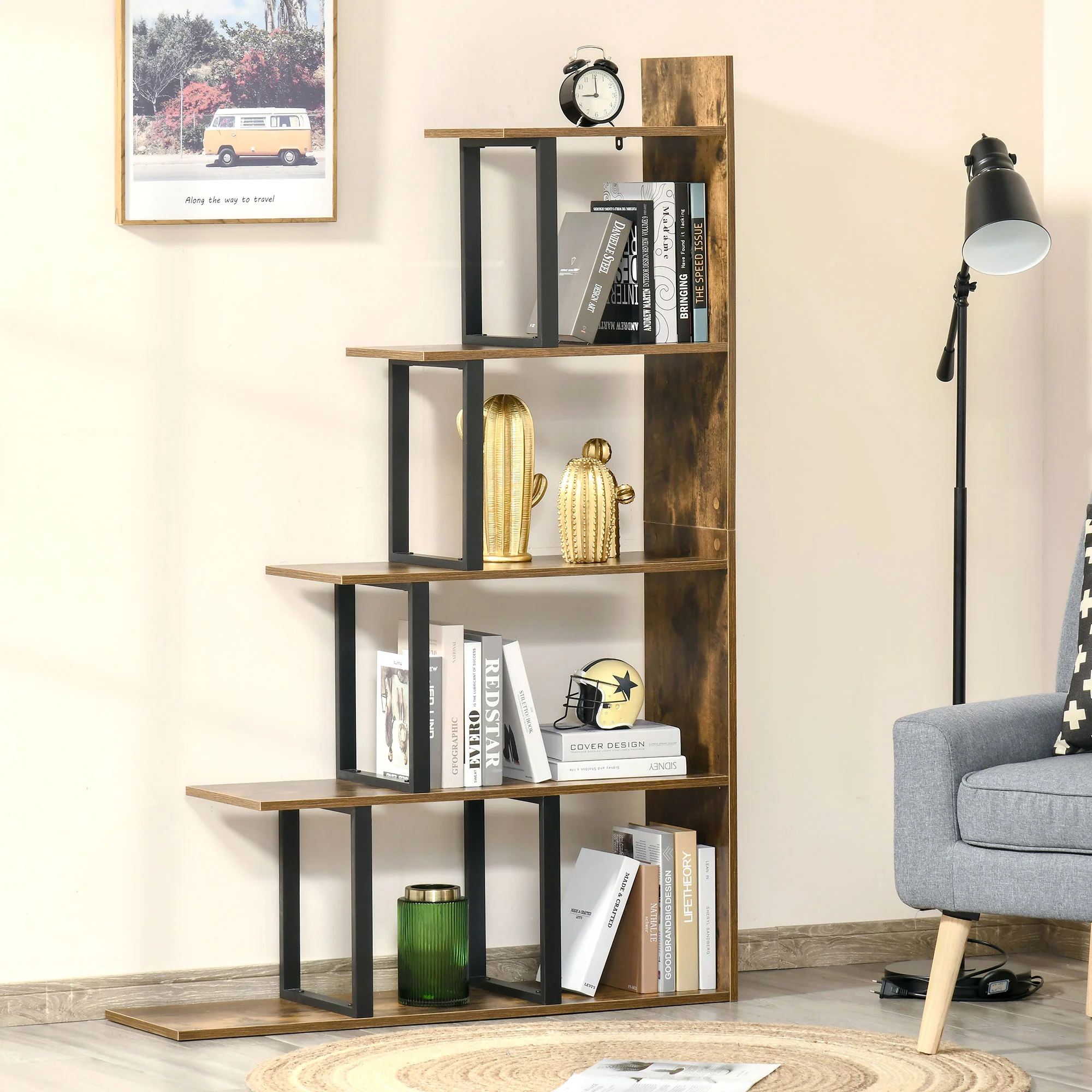 HOMCOM 5-Tier Ladder Shelf Display Plant Stand Home Ladder Rustic Brown - Image 2