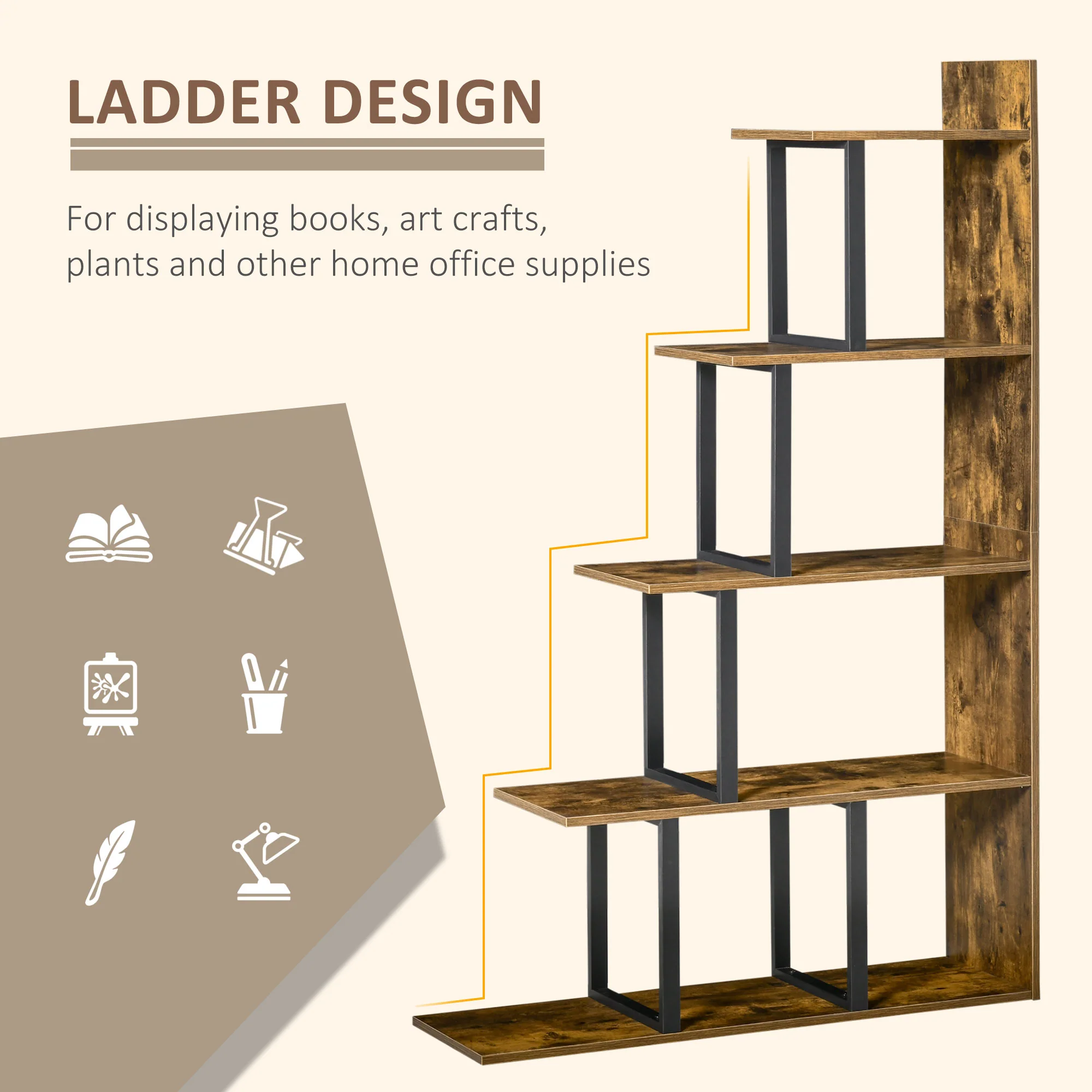 HOMCOM 5-Tier Ladder Shelf Display Plant Stand Home Ladder Rustic Brown - Image 3