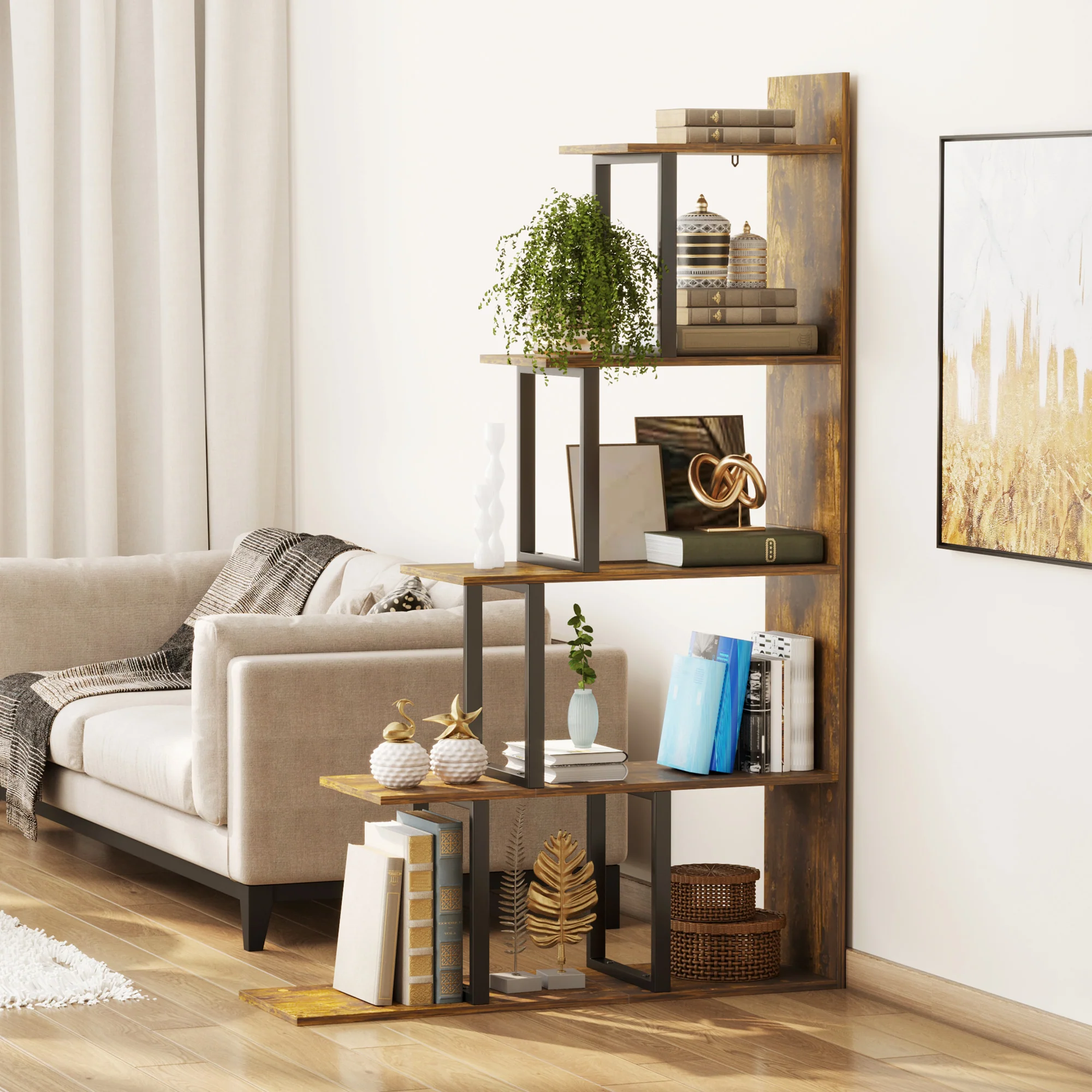 HOMCOM 5-Tier Ladder Shelf Display Plant Stand Home Ladder Rustic Brown - Image 7