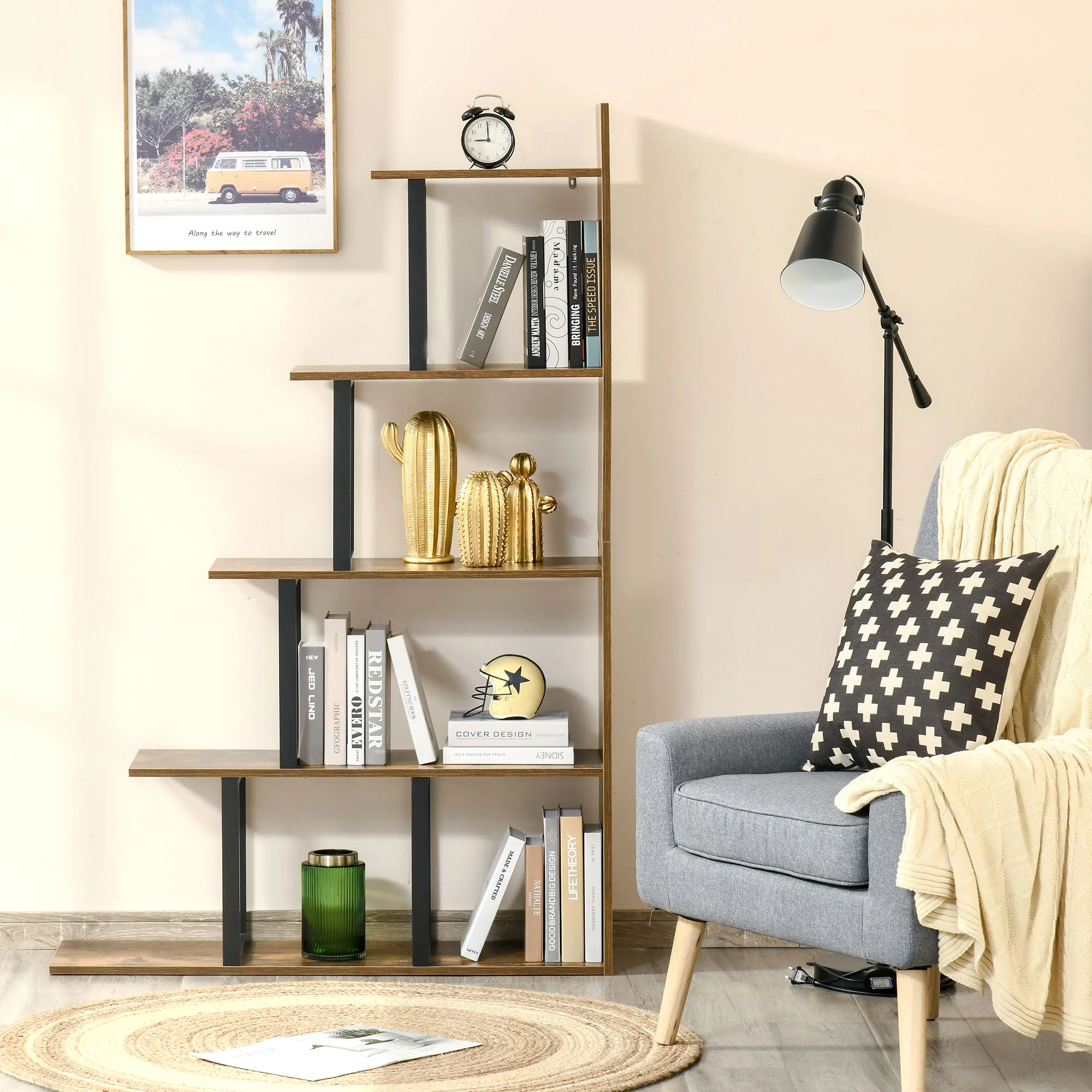 HOMCOM 5-Tier Ladder Shelf Display Plant Stand Home Ladder Rustic Brown - Image 8