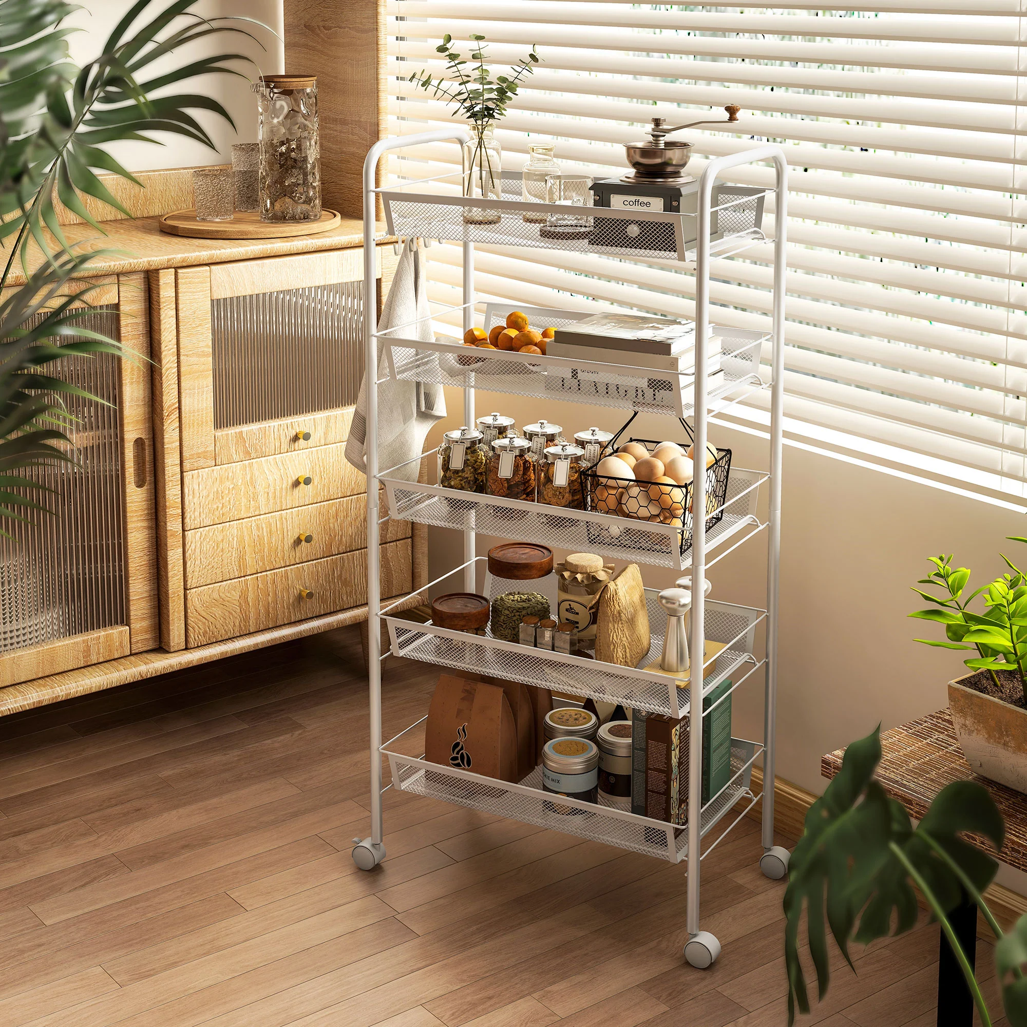 HOMCOM 5 Tier Utility Rolling Cart with Removable Mesh Baskets, White - Image 2