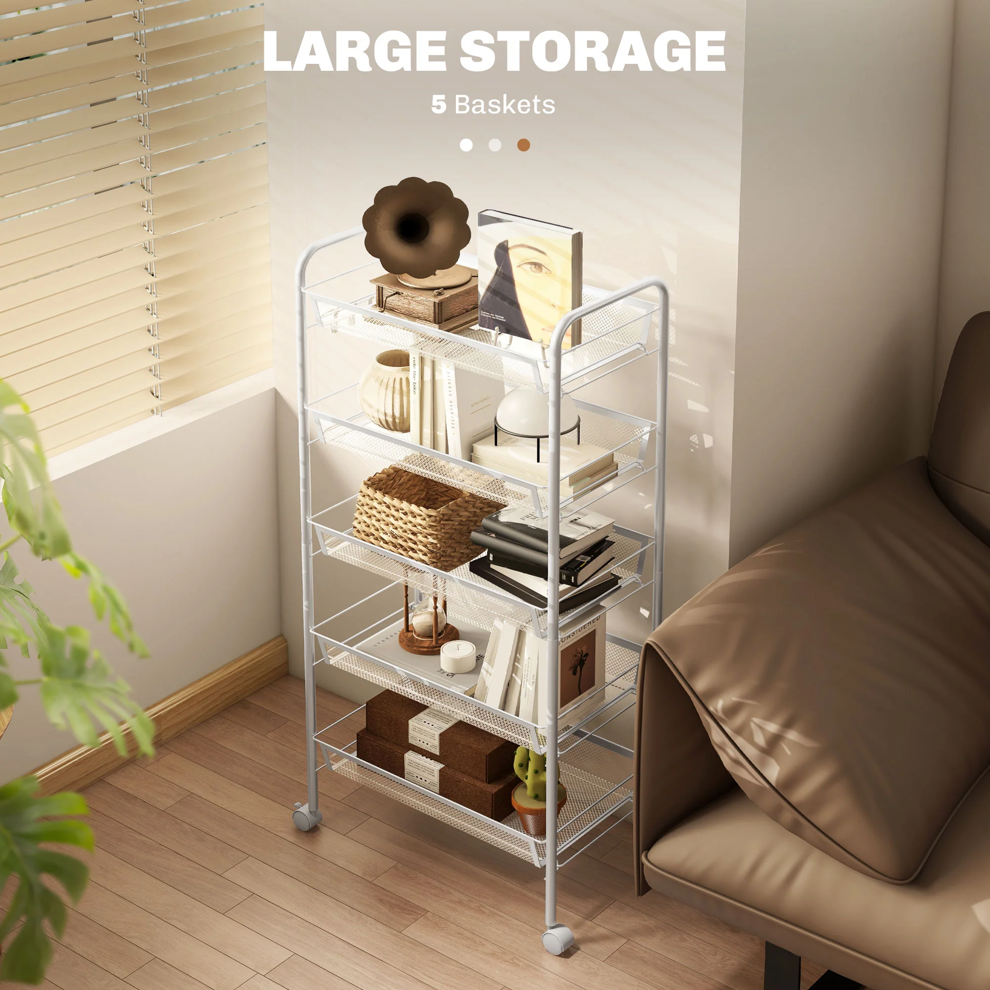 HOMCOM 5 Tier Utility Rolling Cart with Removable Mesh Baskets, White - Image 3