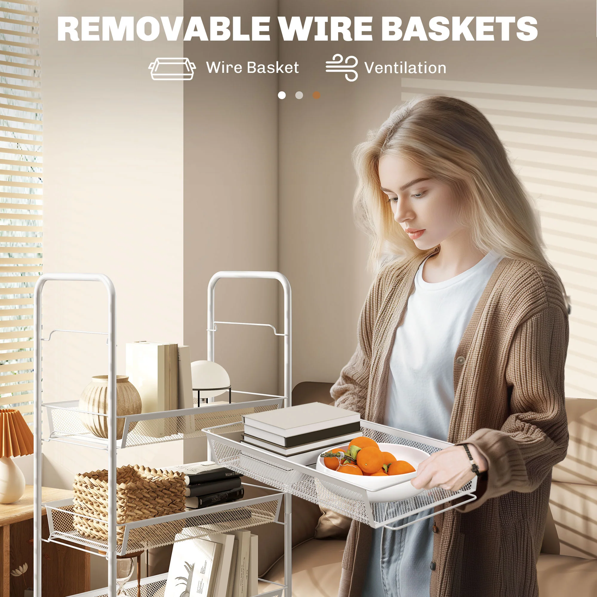 HOMCOM 5 Tier Utility Rolling Cart with Removable Mesh Baskets, White - Image 4