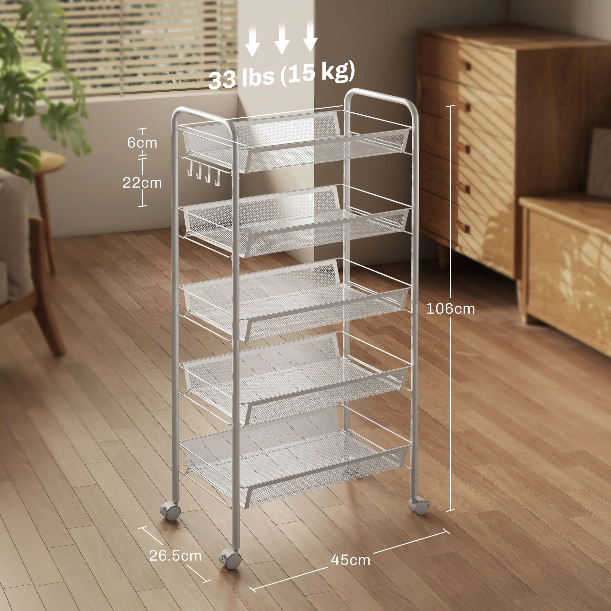 HOMCOM 5 Tier Utility Rolling Cart with Removable Mesh Baskets, White - Image 5