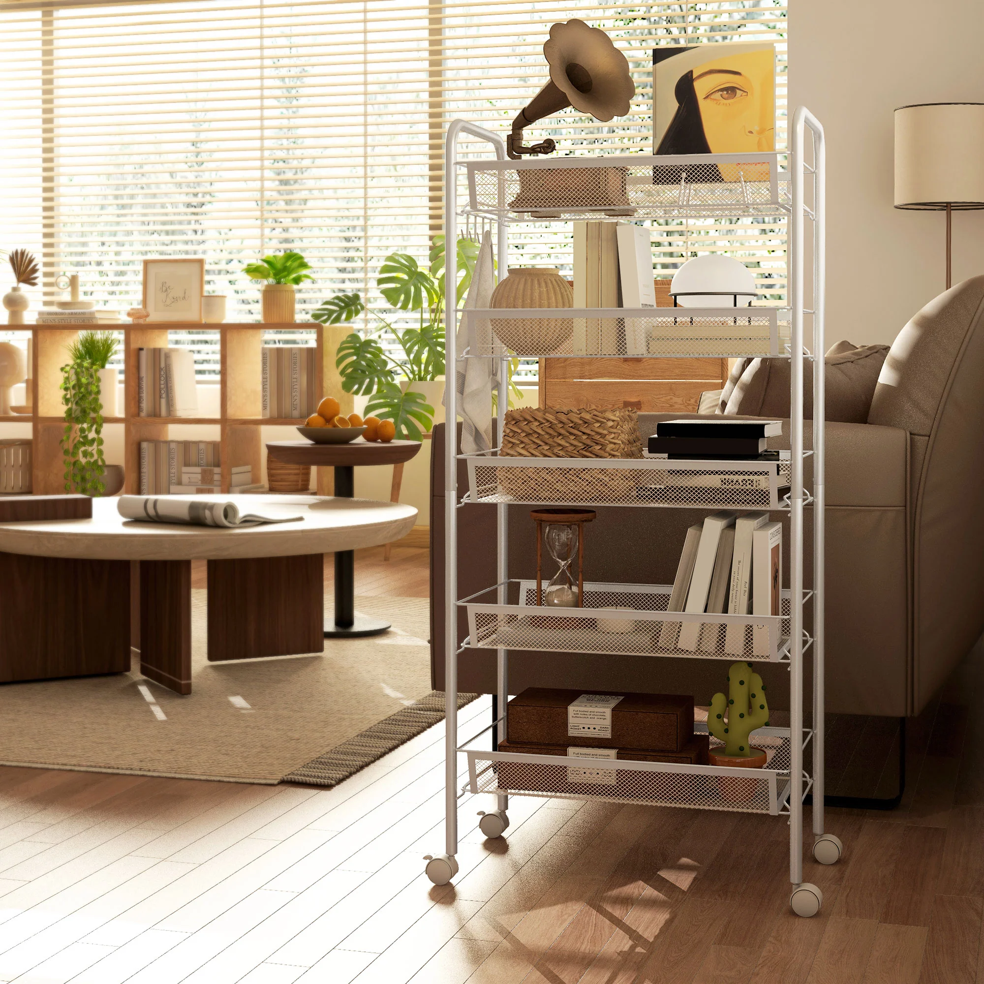HOMCOM 5 Tier Utility Rolling Cart with Removable Mesh Baskets, White - Image 7