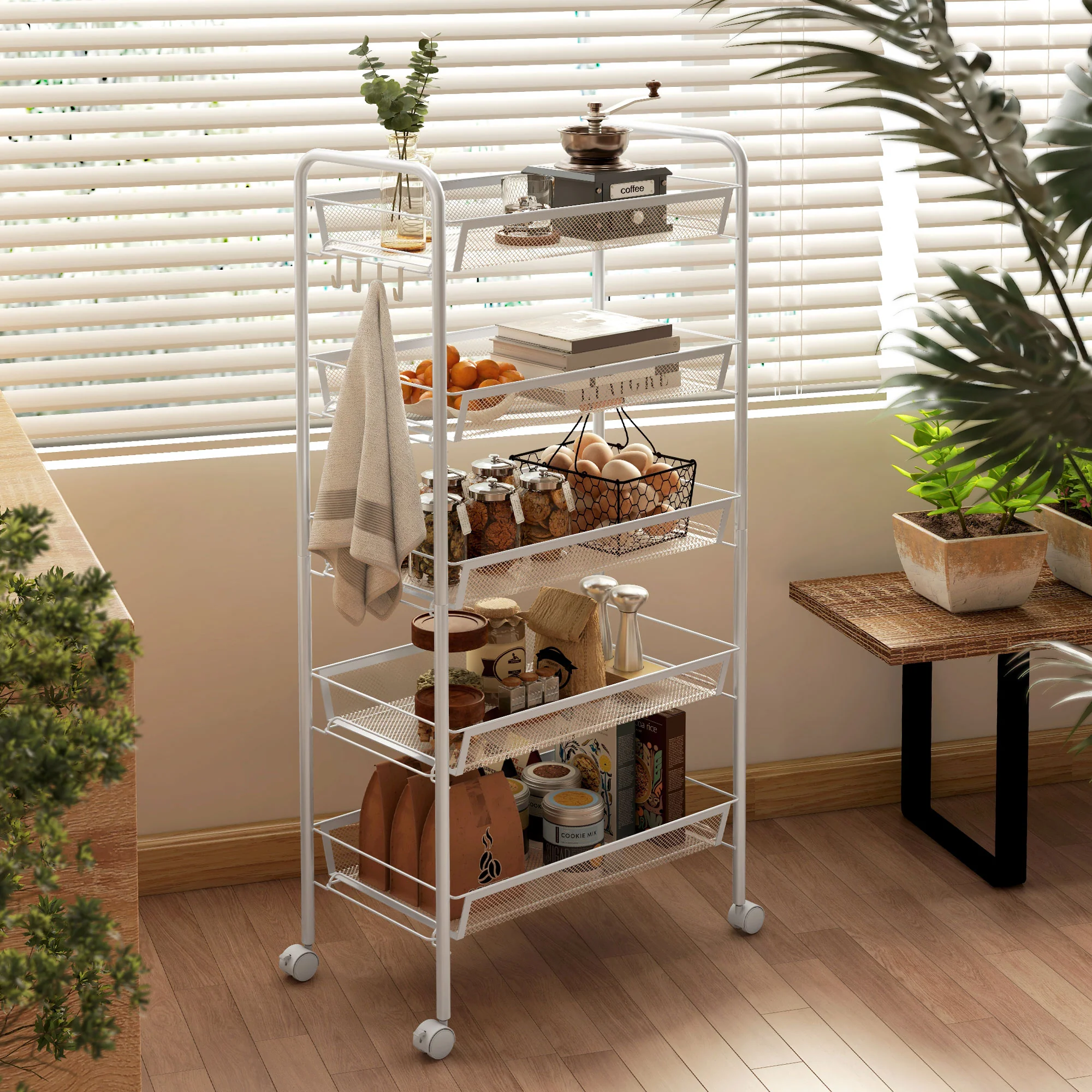 HOMCOM 5 Tier Utility Rolling Cart with Removable Mesh Baskets, White - Image 8