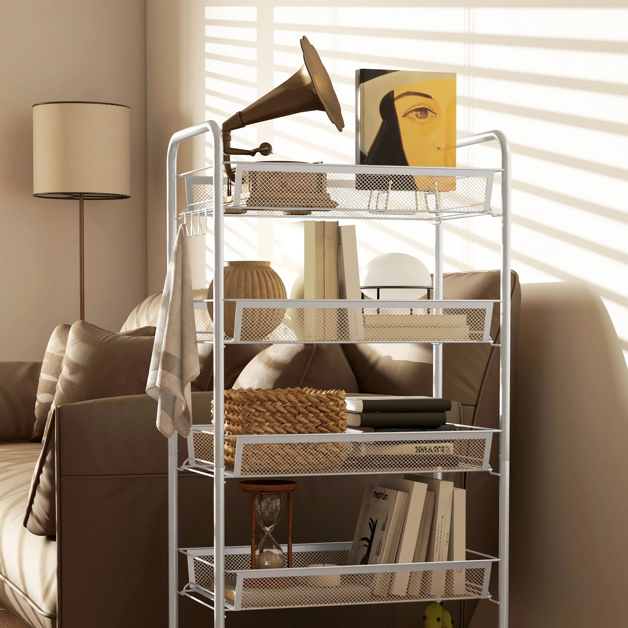 HOMCOM 5 Tier Utility Rolling Cart with Removable Mesh Baskets, White - Image 9