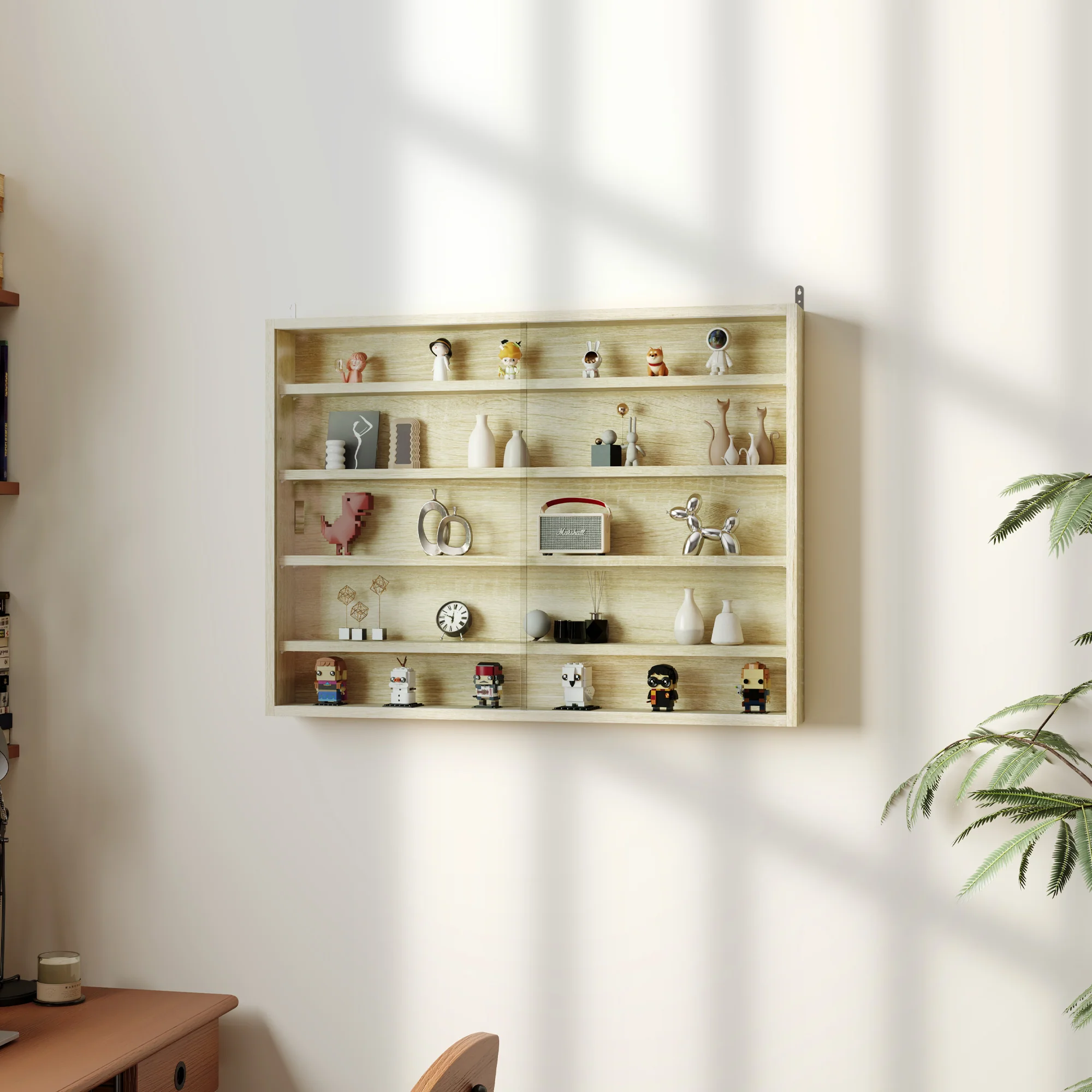 HOMCOM 5-Tier Wall Display Shelf Unit Cabinet W/ Shelves Glass Doors - Image 11