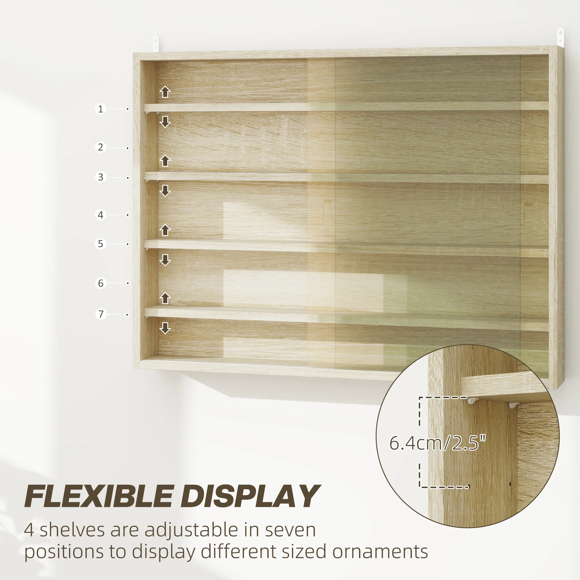 HOMCOM 5-Tier Wall Display Shelf Unit Cabinet W/ Shelves Glass Doors - Image 12