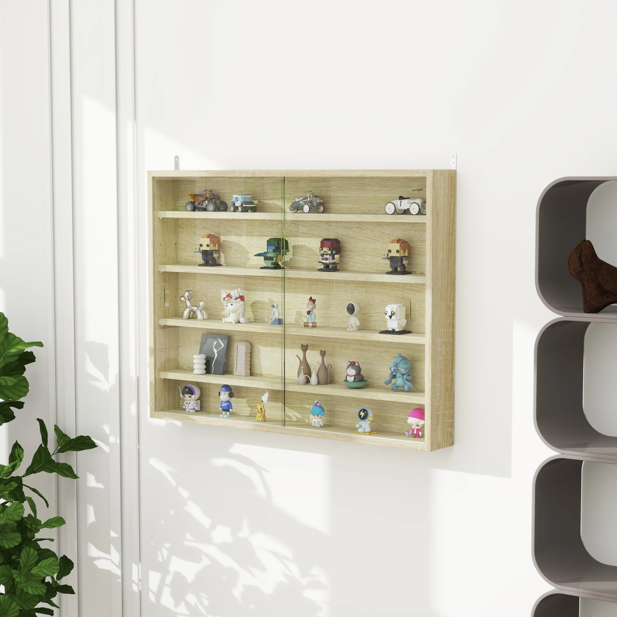 HOMCOM 5-Tier Wall Display Shelf Unit Cabinet W/ Shelves Glass Doors - Image 16