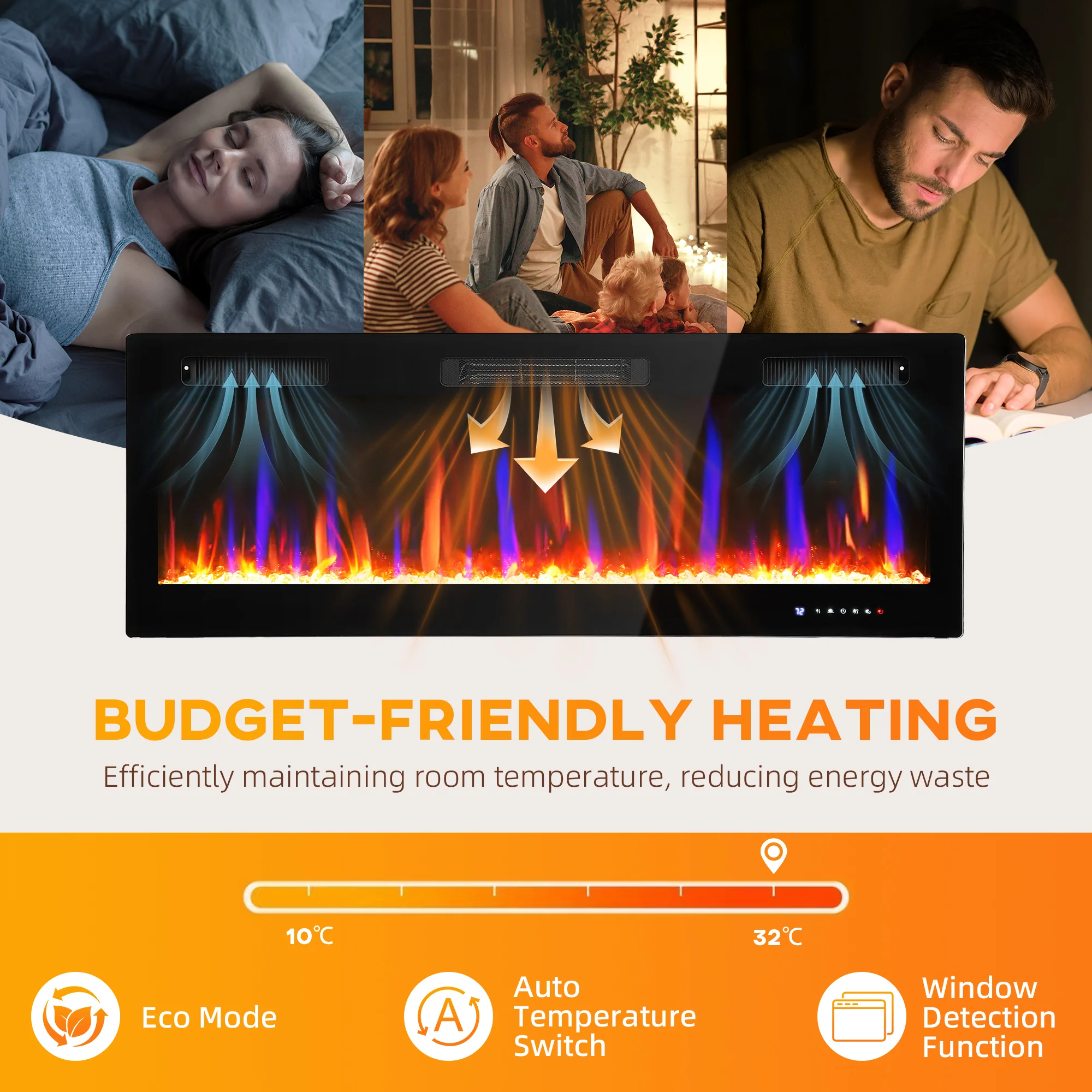 HOMCOM 50" Wall Electric Fireplace, Slim Electric Fire, 1800W, Black - Image 6