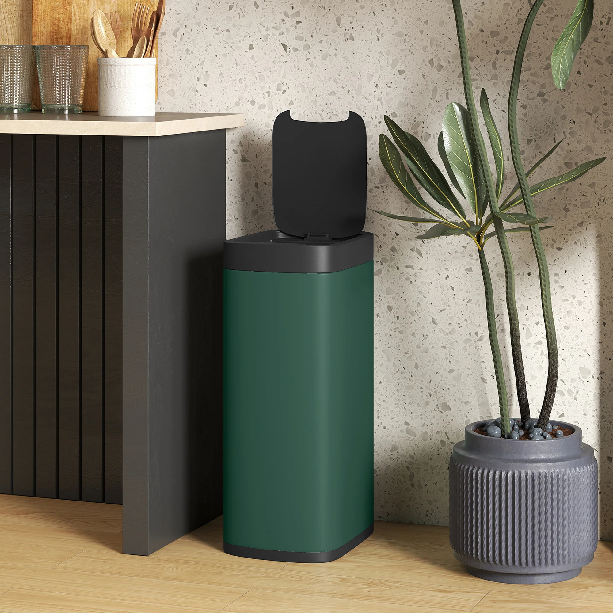 HOMCOM 50L Sensor Bin, Touchless Kitchen Bin, Battery Operated, Dark Green - Image 7