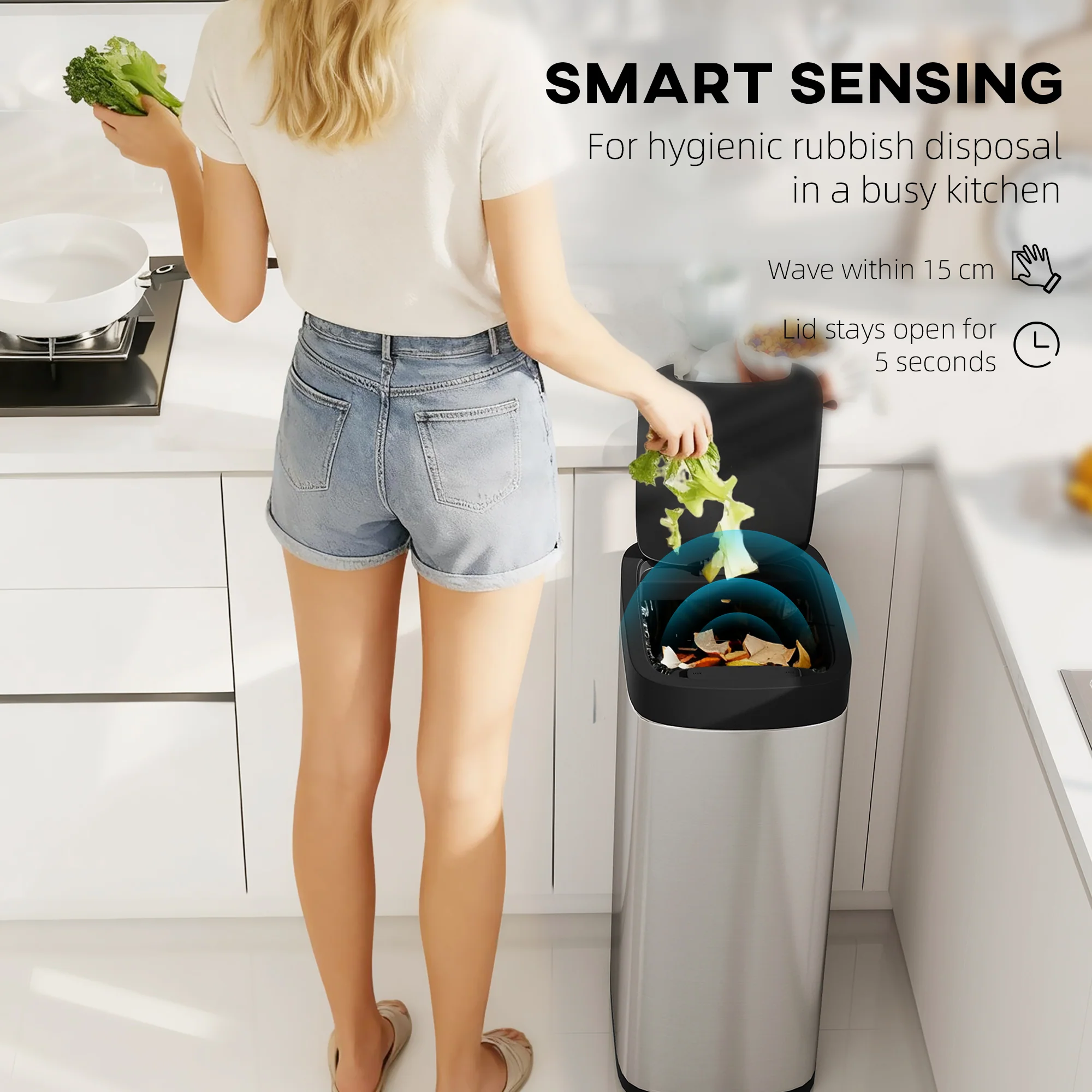 HOMCOM 50L Sensor Bin, Touchless Kitchen Bin, Battery Operated, Silver Tone - Image 3