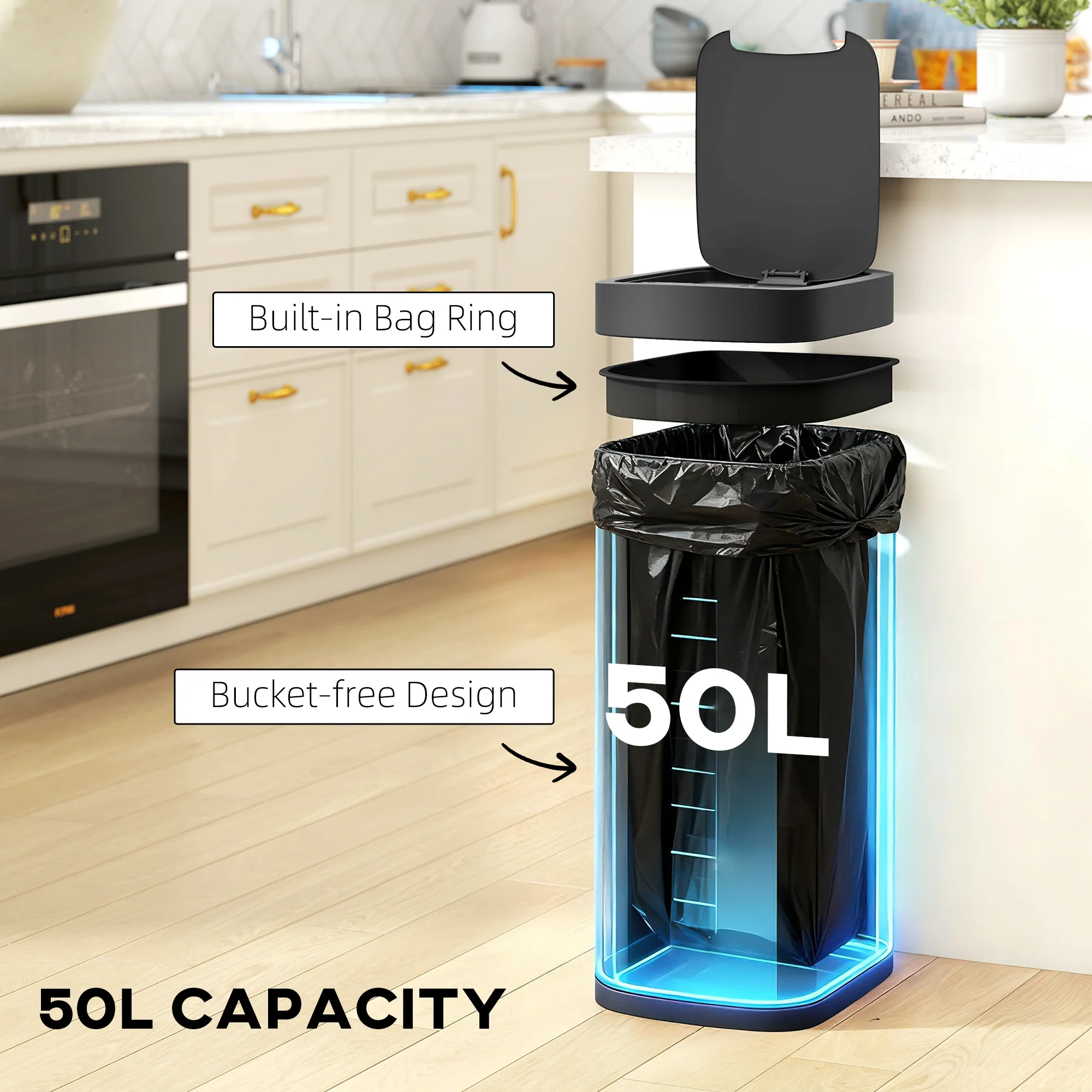 HOMCOM 50L Sensor Bin, Touchless Kitchen Bin, Battery Operated, Silver Tone - Image 4