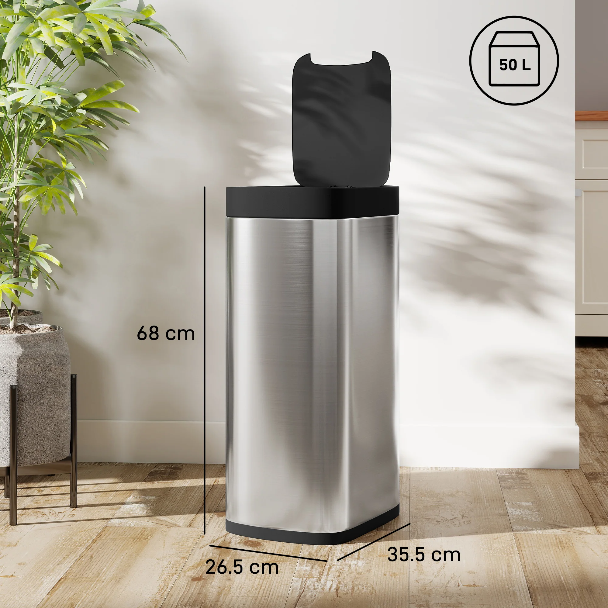 HOMCOM 50L Sensor Bin, Touchless Kitchen Bin, Battery Operated, Silver Tone - Image 5