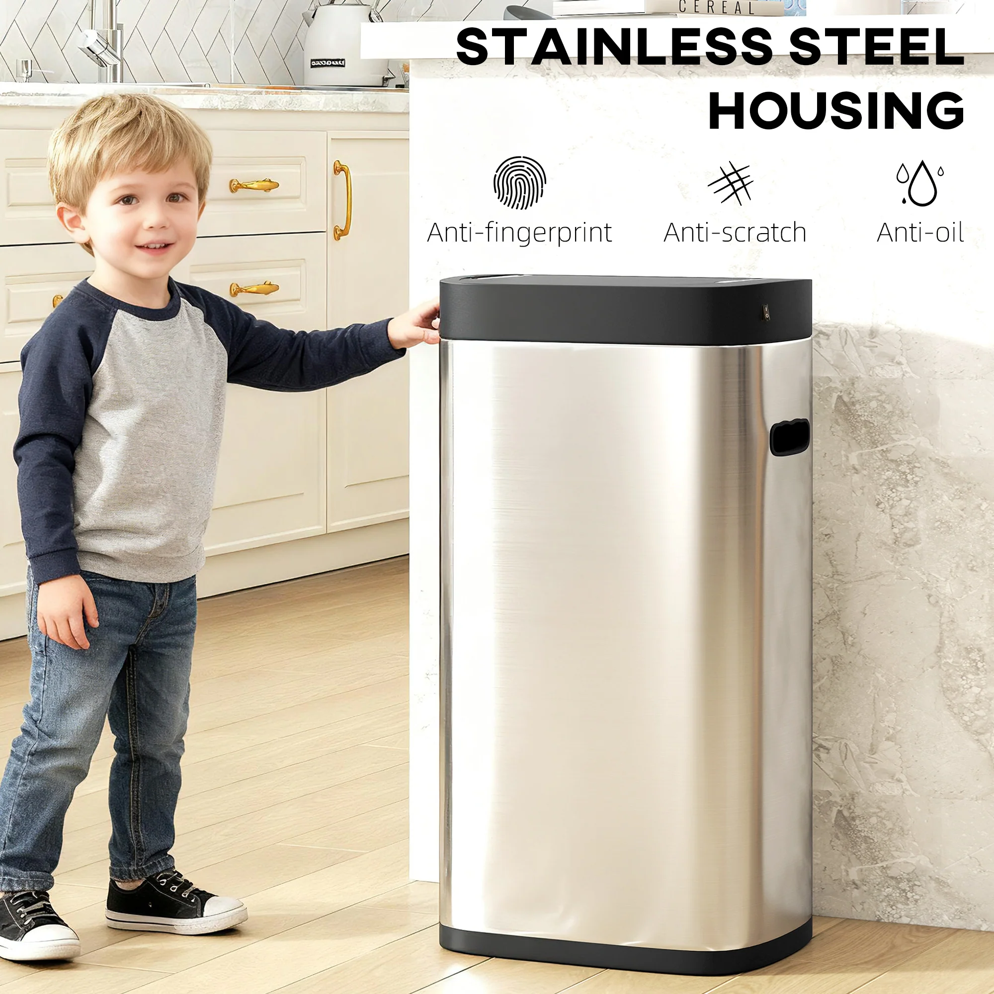 HOMCOM 50L Sensor Bin, Touchless Kitchen Bin, Battery Operated, Silver Tone - Image 6
