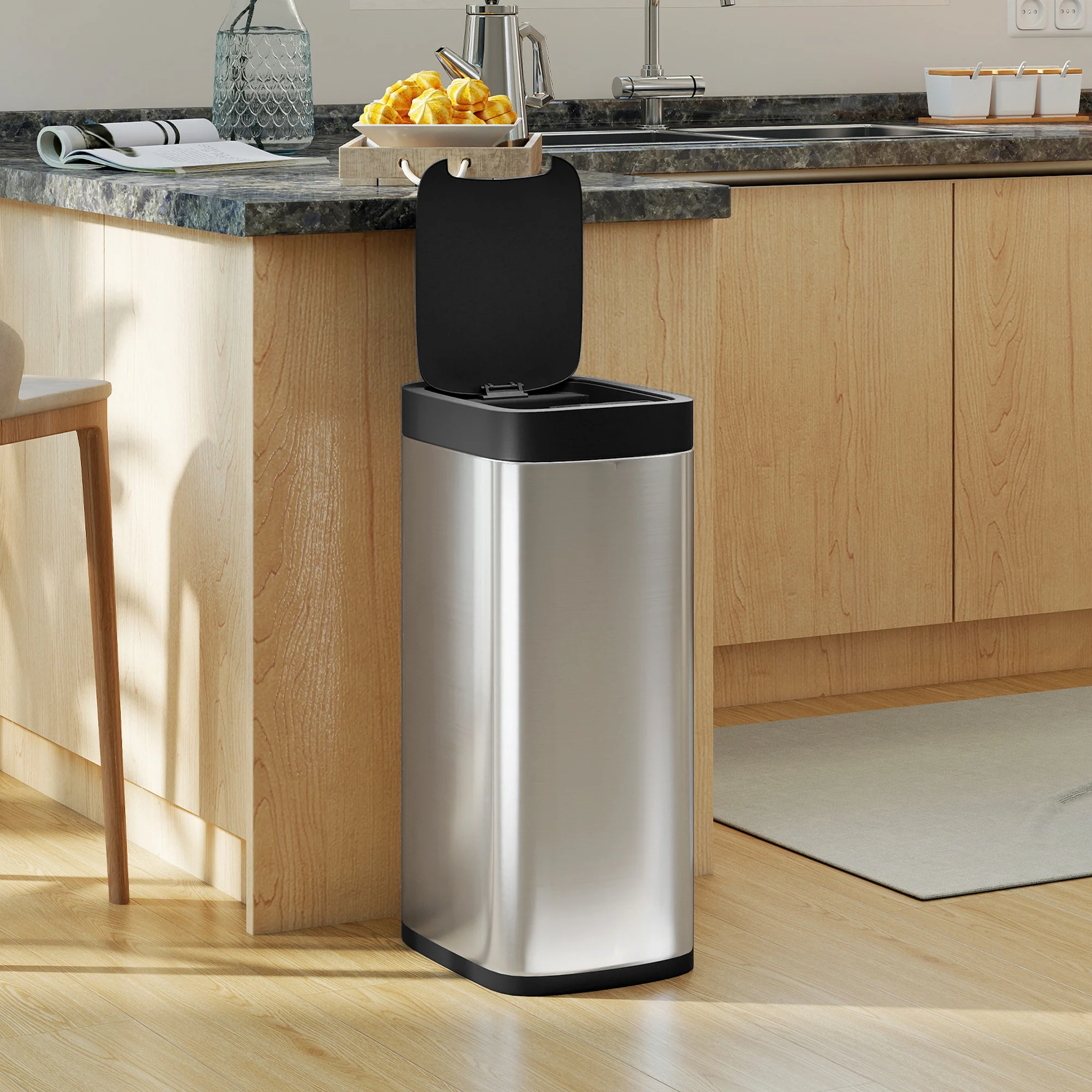 HOMCOM 50L Sensor Bin, Touchless Kitchen Bin, Battery Operated, Silver Tone - Image 8