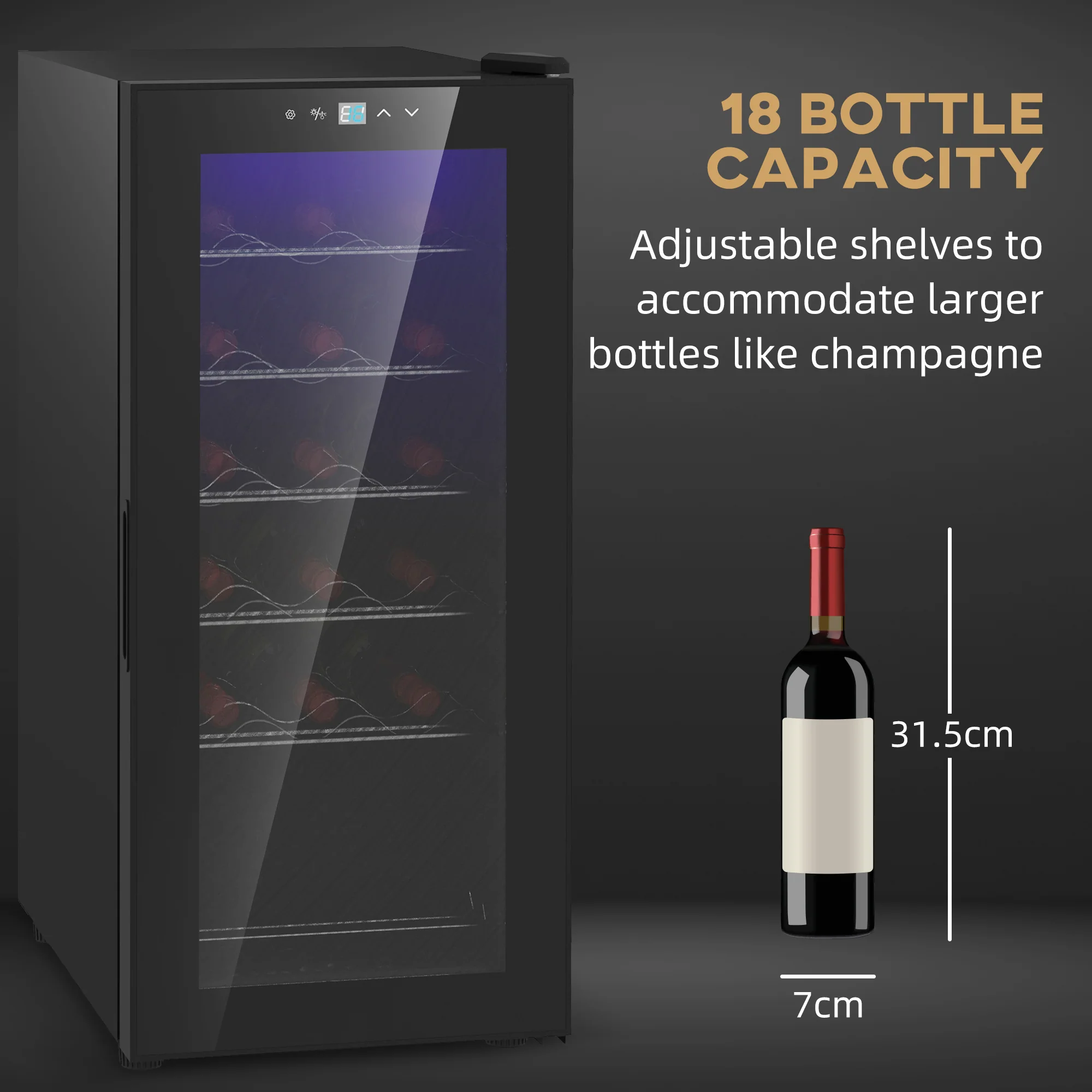 HOMCOM 50L Undercounter Wine Cooler Fridge With LED Light Glass Door 18 Bottles - Image 3