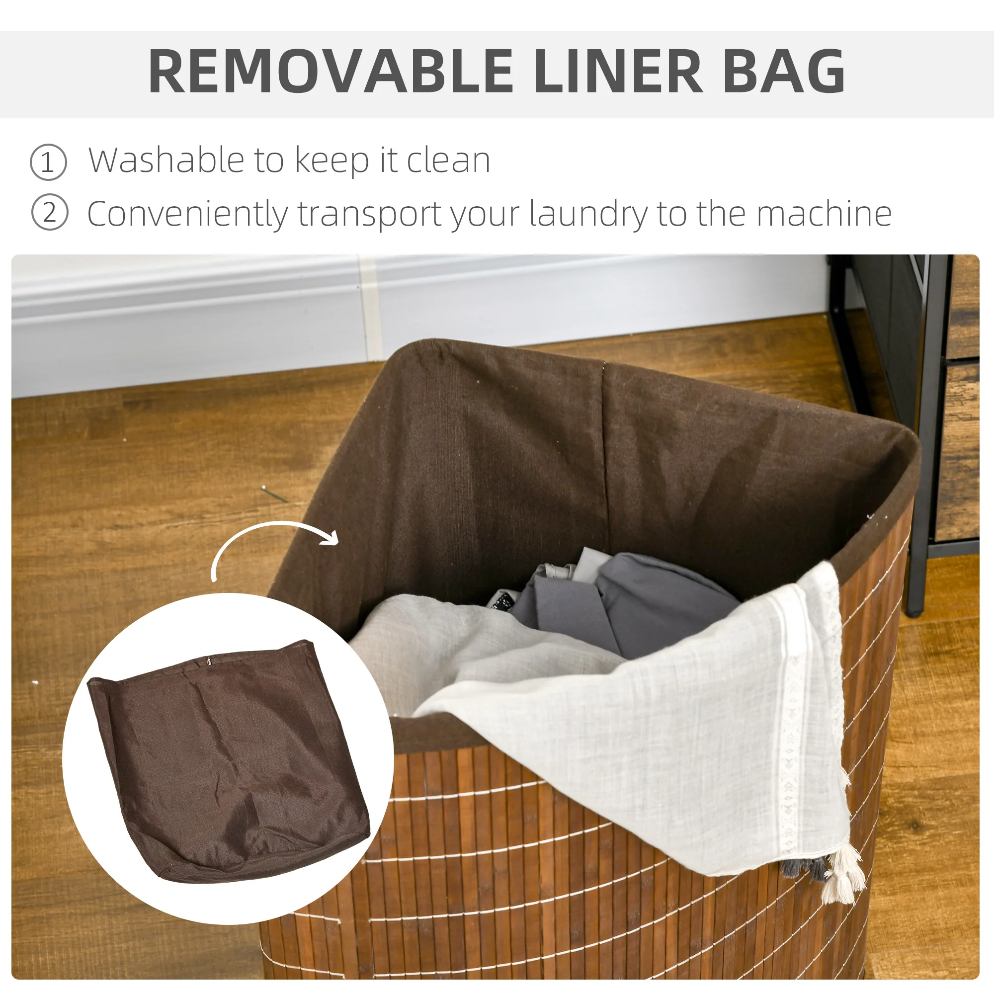 HOMCOM 55L Bamboo Corner Laundry Hamper Bamboo Laundry Basket Brown - Image 3