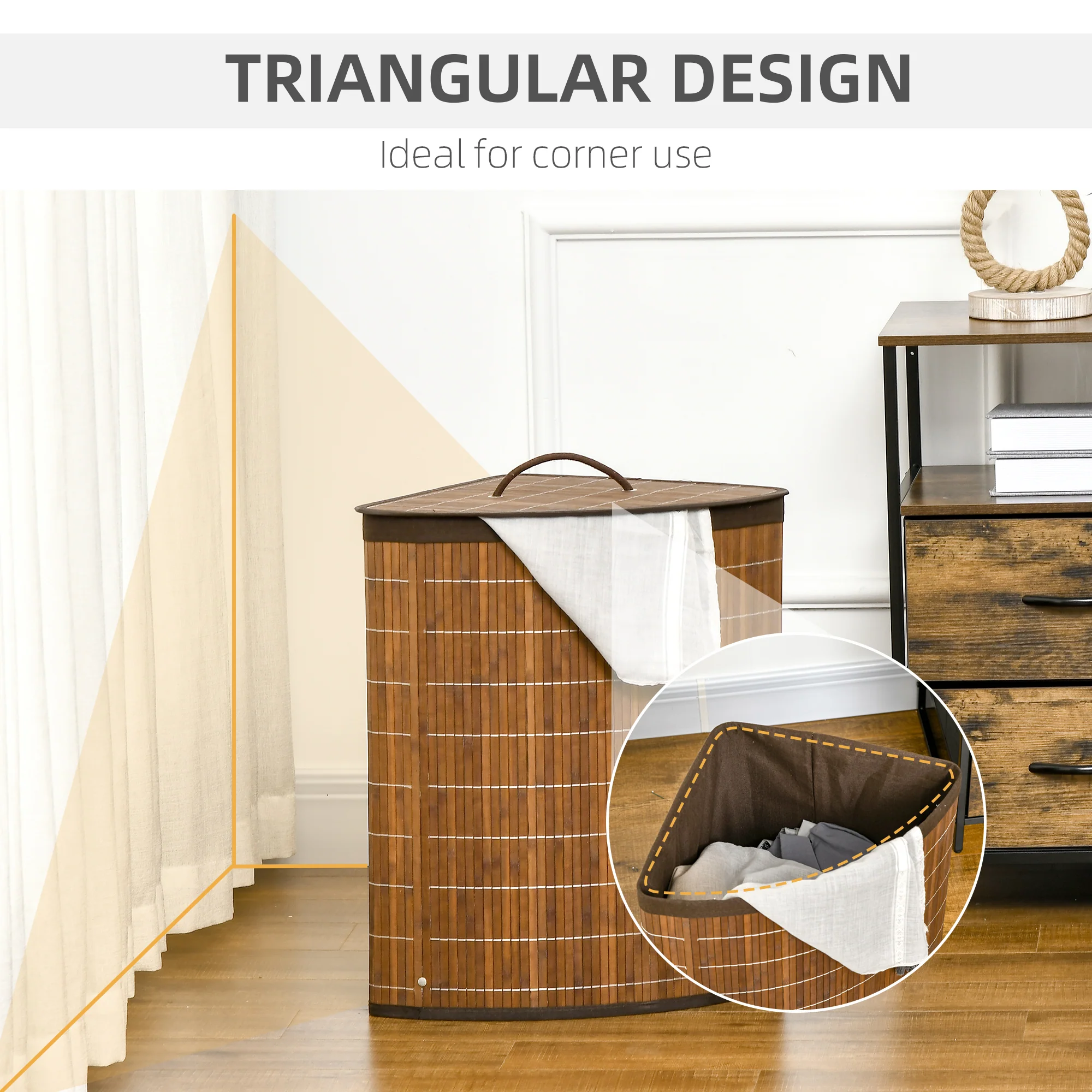 HOMCOM 55L Bamboo Corner Laundry Hamper Bamboo Laundry Basket Brown - Image 6