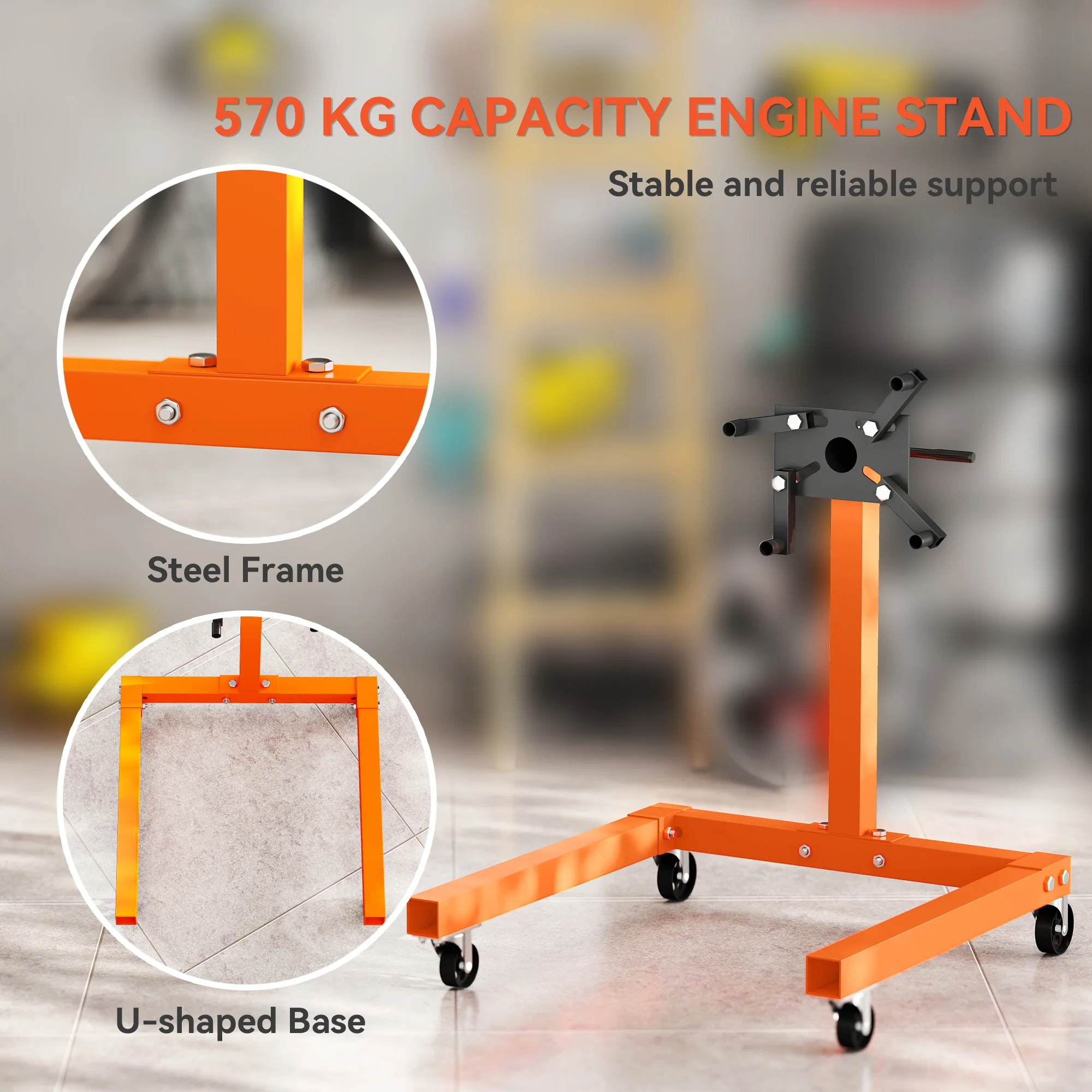HOMCOM 570 kg Rotating Engine Stand with Adjustable Head, Orange - Image 3