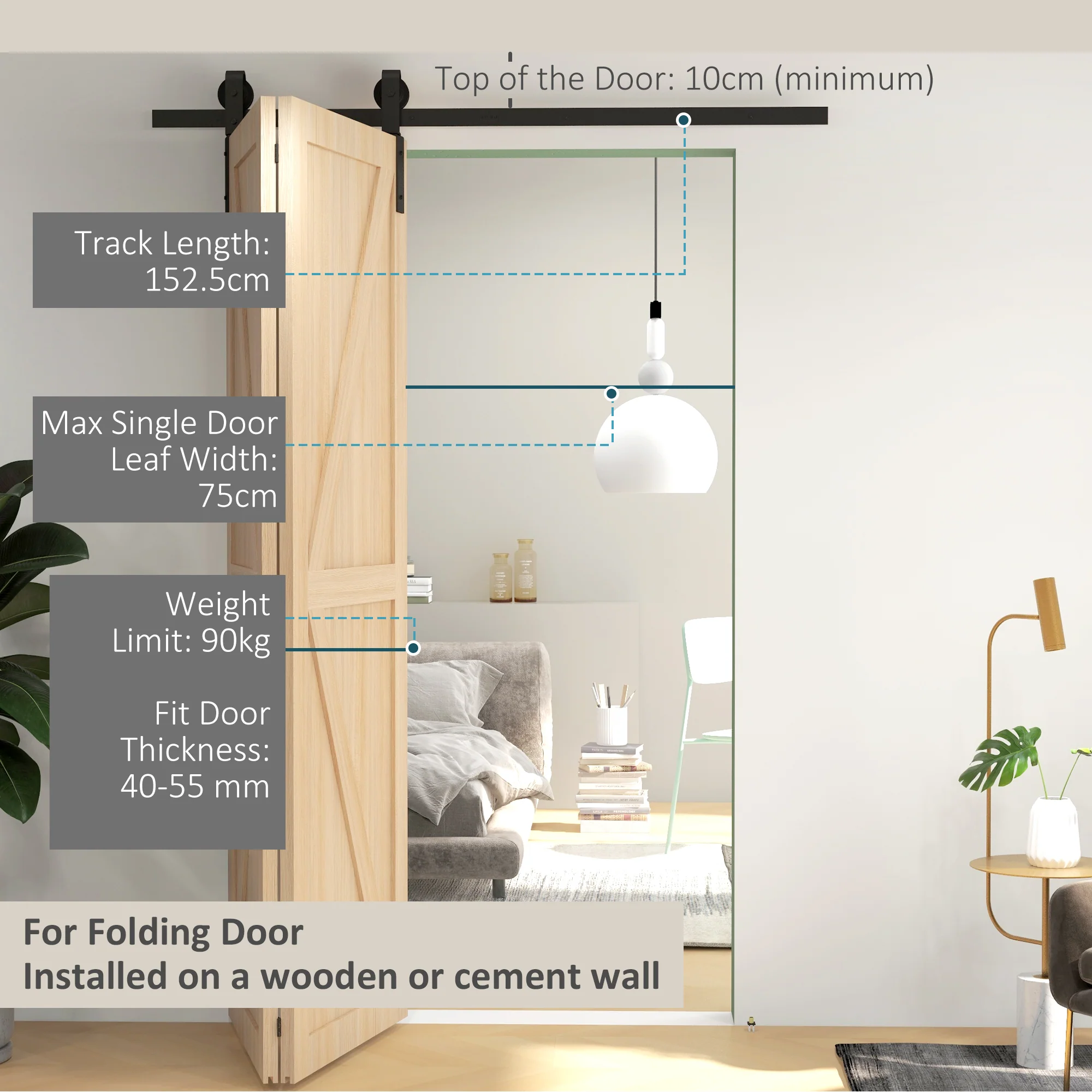 HOMCOM 5FT/153CM Bi-Folding Sliding Barn Door Hardware Kit Sliding Door Kit - Image 3