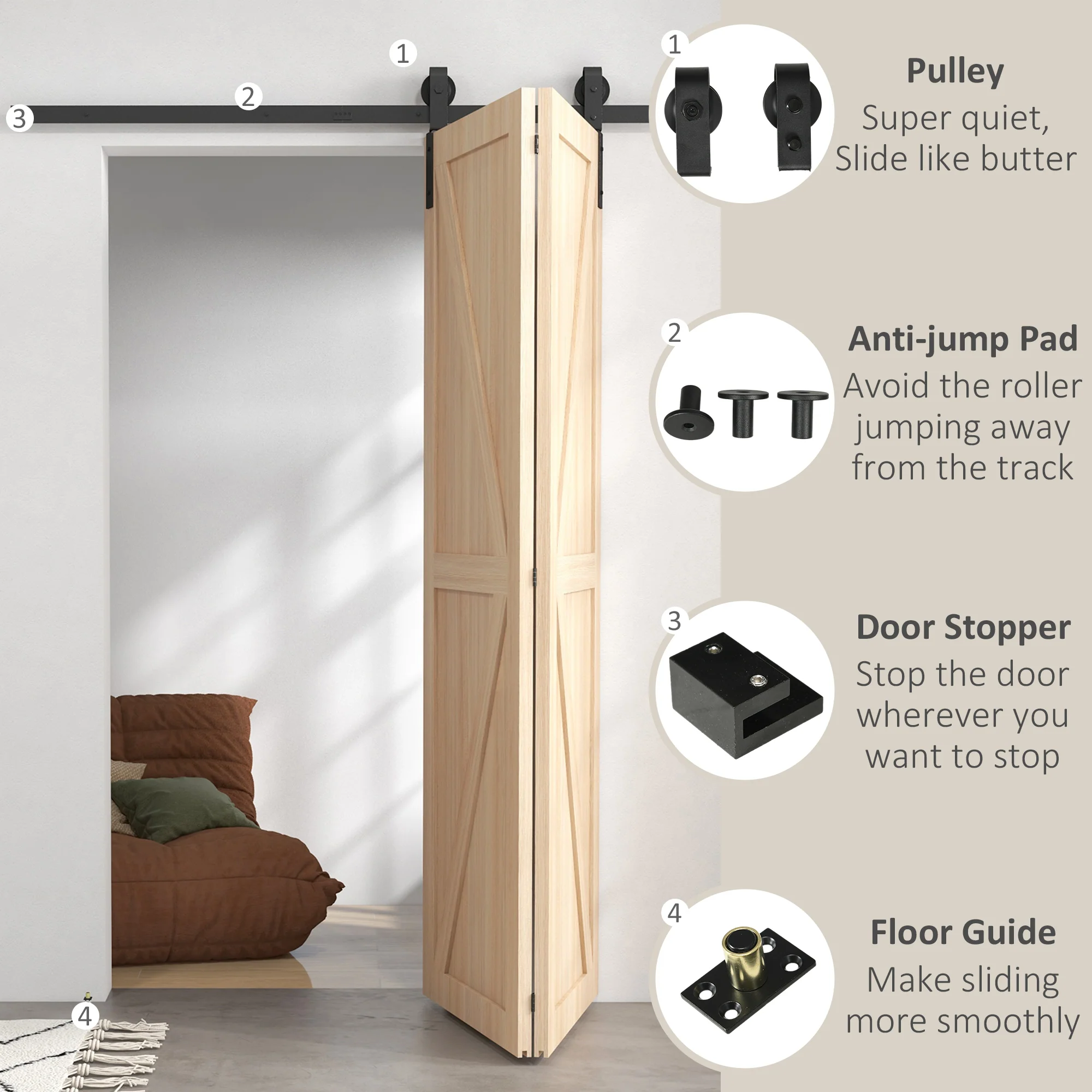 HOMCOM 5FT/153CM Bi-Folding Sliding Barn Door Hardware Kit Sliding Door Kit - Image 4