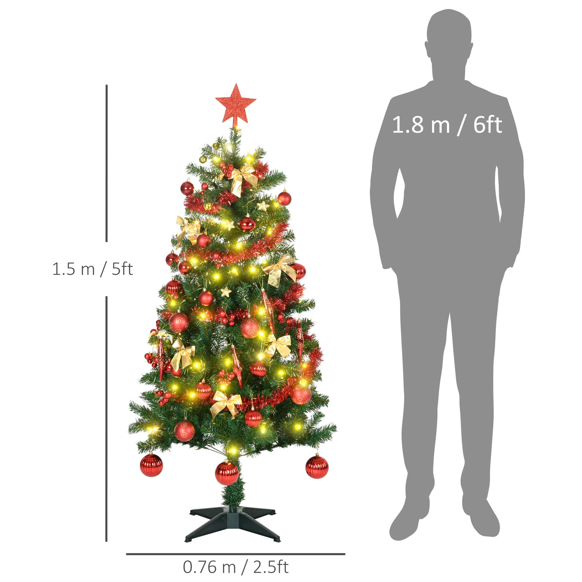 HOMCOM 5ft Pre Lit Artificial Christmas Tree Holiday Décor with 100 Warm White LED Lights and 360 Tips, Tinsel, Ball, Star, Tree Decoration, Auto Open - Image 3