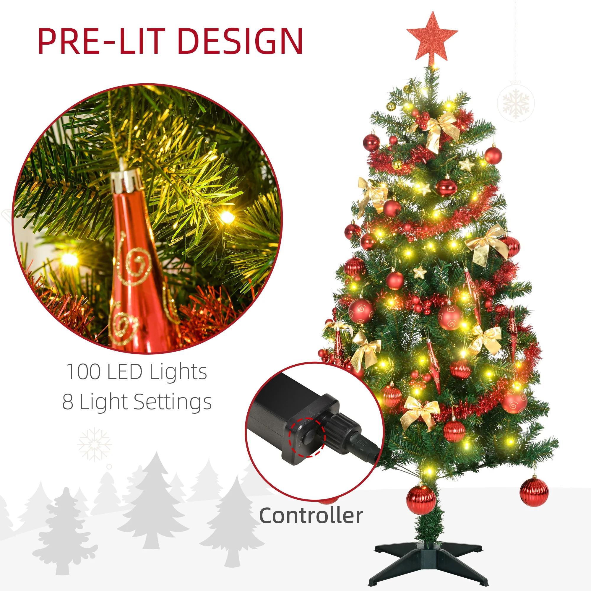 HOMCOM 5ft Pre Lit Artificial Christmas Tree Holiday Décor with 100 Warm White LED Lights and 360 Tips, Tinsel, Ball, Star, Tree Decoration, Auto Open - Image 5