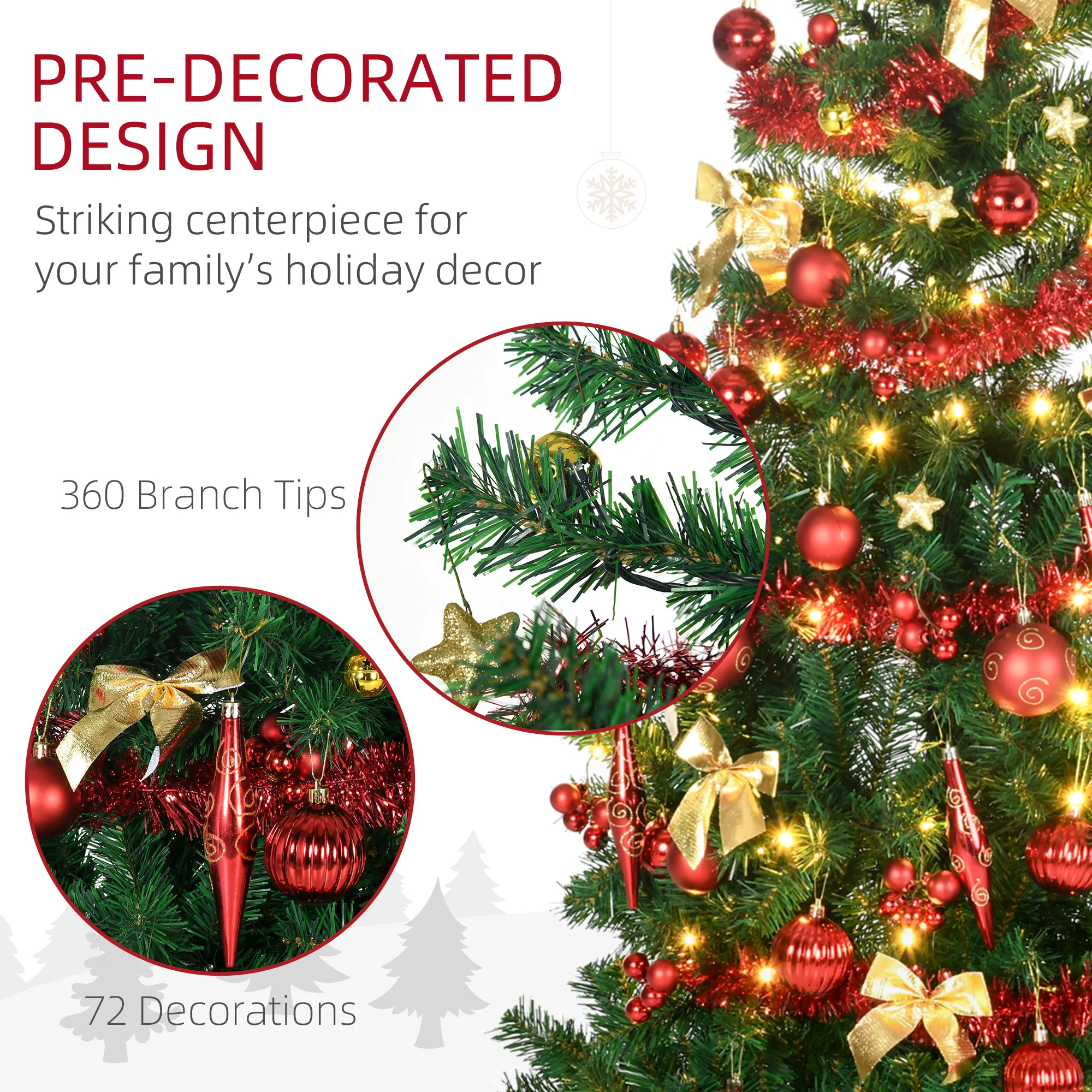 HOMCOM 5ft Pre Lit Artificial Christmas Tree Holiday Décor with 100 Warm White LED Lights and 360 Tips, Tinsel, Ball, Star, Tree Decoration, Auto Open - Image 6