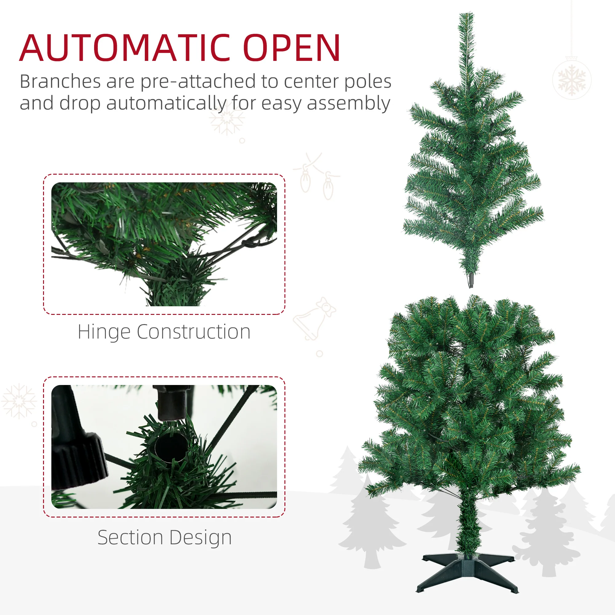HOMCOM 5ft Pre Lit Artificial Christmas Tree Holiday Décor with 100 Warm White LED Lights and 360 Tips, Tinsel, Ball, Star, Tree Decoration, Auto Open - Image 7