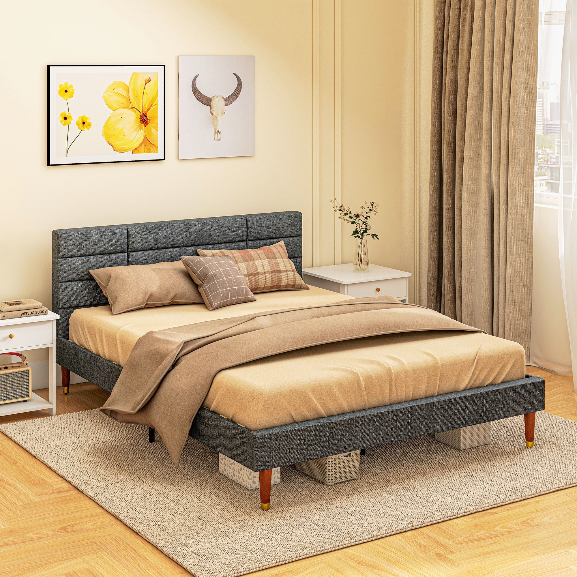 HOMCOM 5ft Upholstered King Bed Frame W/ Wooden Slat No Box Spring Needed - Image 2