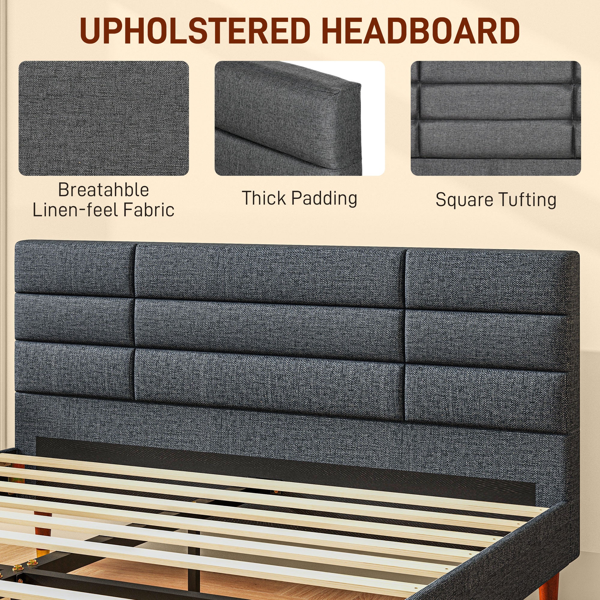 HOMCOM 5ft Upholstered King Bed Frame W/ Wooden Slat No Box Spring Needed - Image 3
