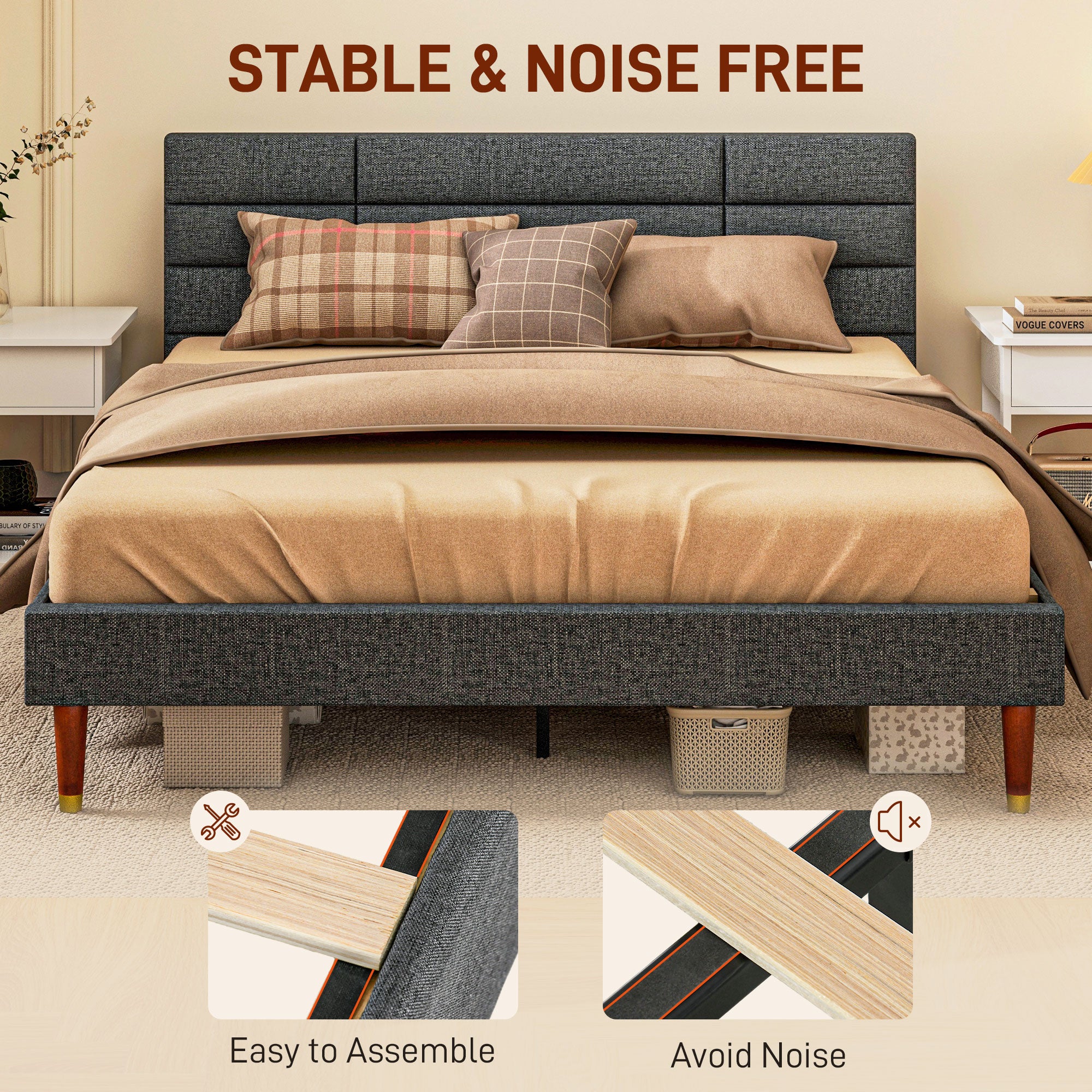 HOMCOM 5ft Upholstered King Bed Frame W/ Wooden Slat No Box Spring Needed - Image 4