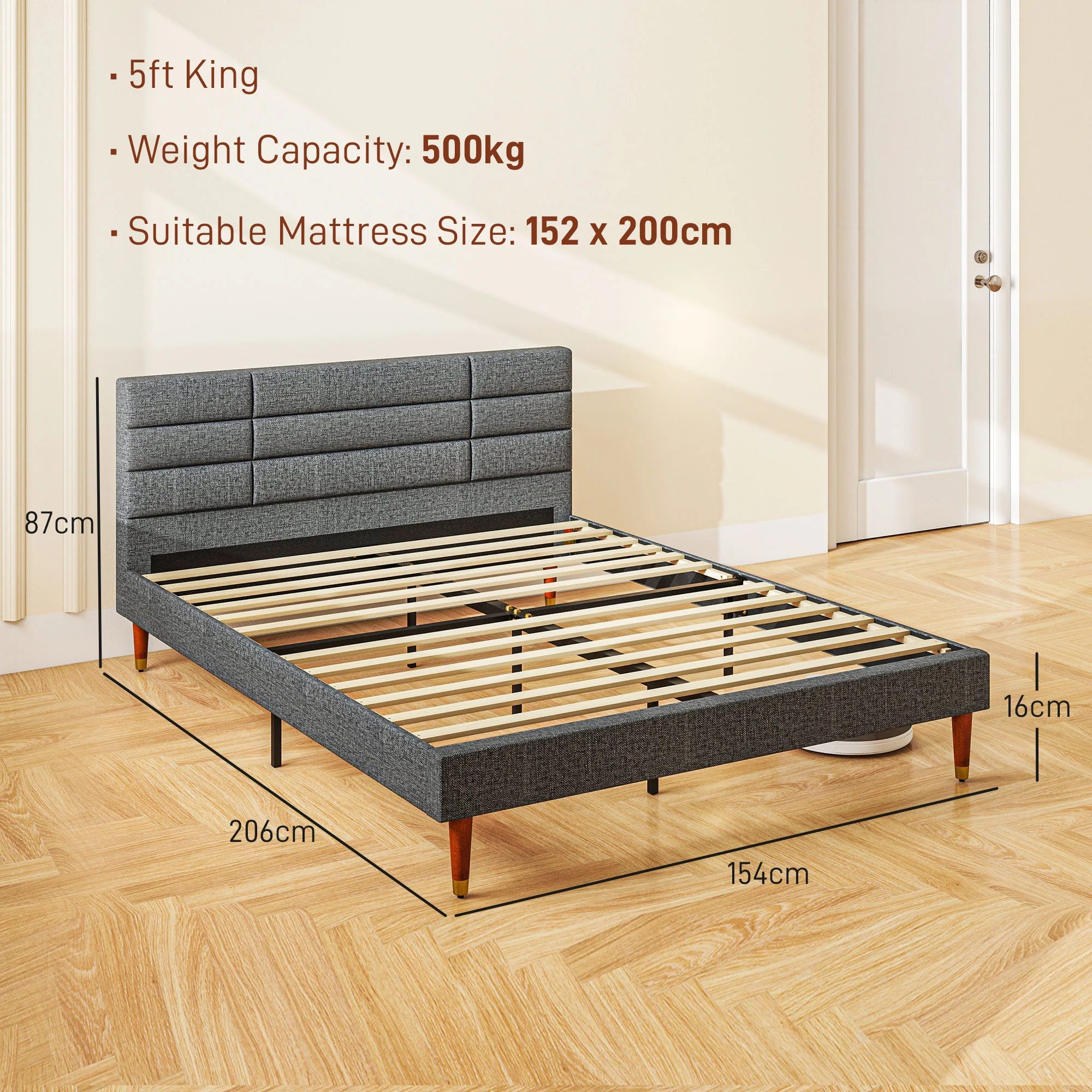 HOMCOM 5ft Upholstered King Bed Frame W/ Wooden Slat No Box Spring Needed - Image 5