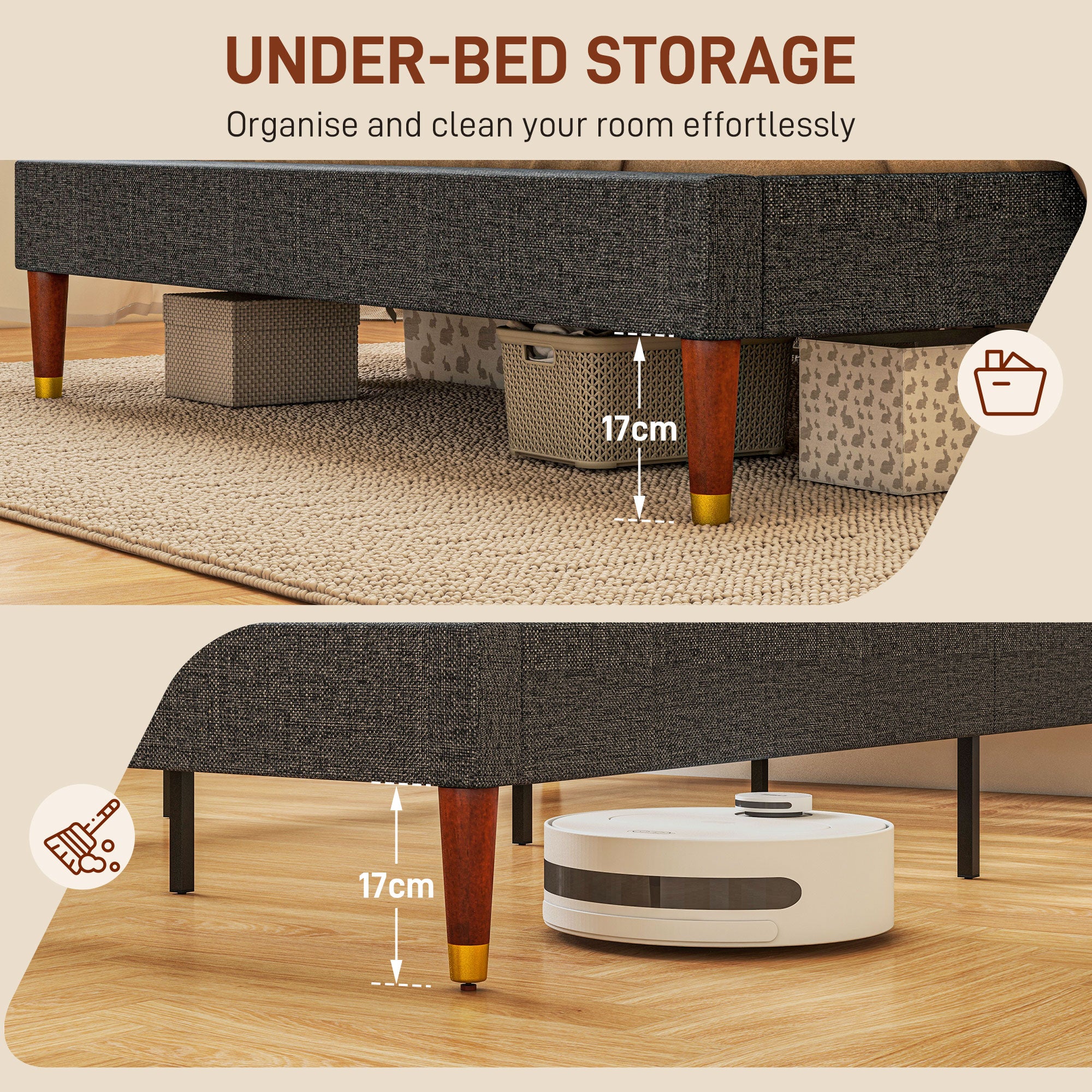 HOMCOM 5ft Upholstered King Bed Frame W/ Wooden Slat No Box Spring Needed - Image 6