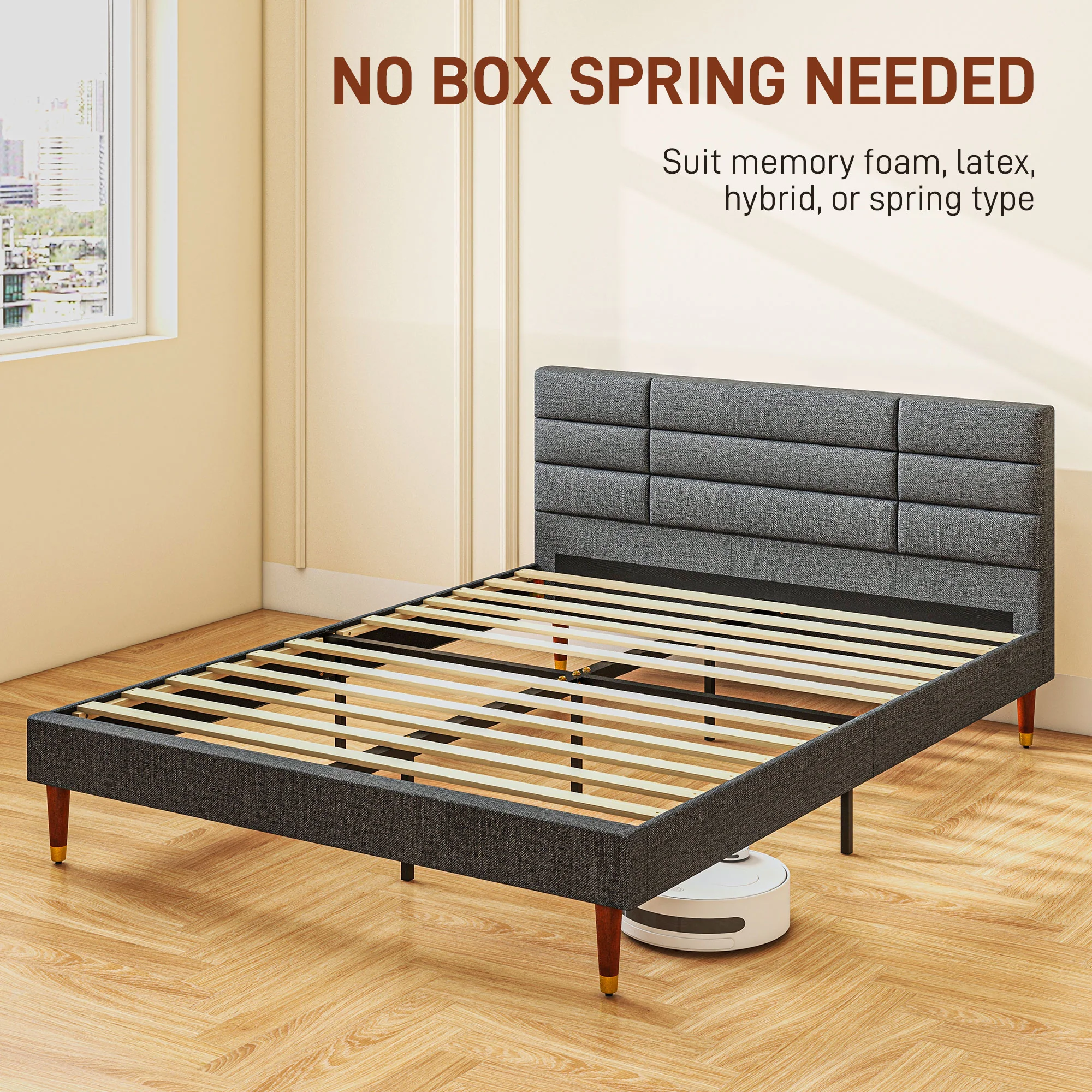 HOMCOM 5ft Upholstered King Bed Frame W/ Wooden Slat No Box Spring Needed - Image 7