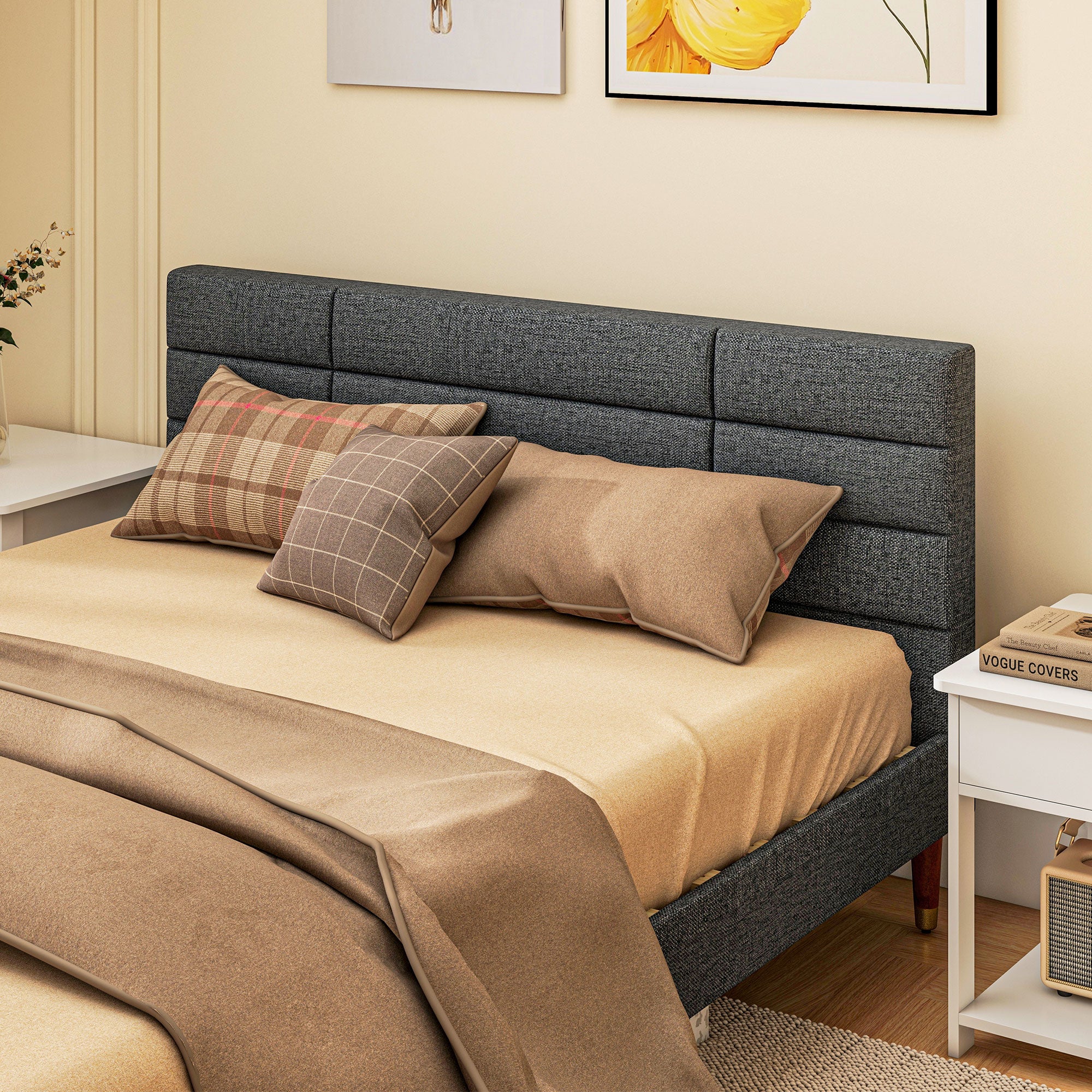 HOMCOM 5ft Upholstered King Bed Frame W/ Wooden Slat No Box Spring Needed - Image 8