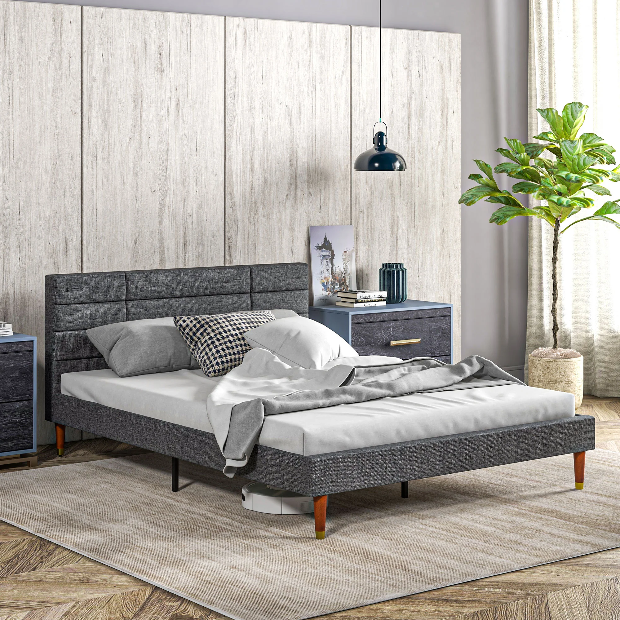 HOMCOM 5ft Upholstered King Bed Frame W/ Wooden Slat No Box Spring Needed - Image 9