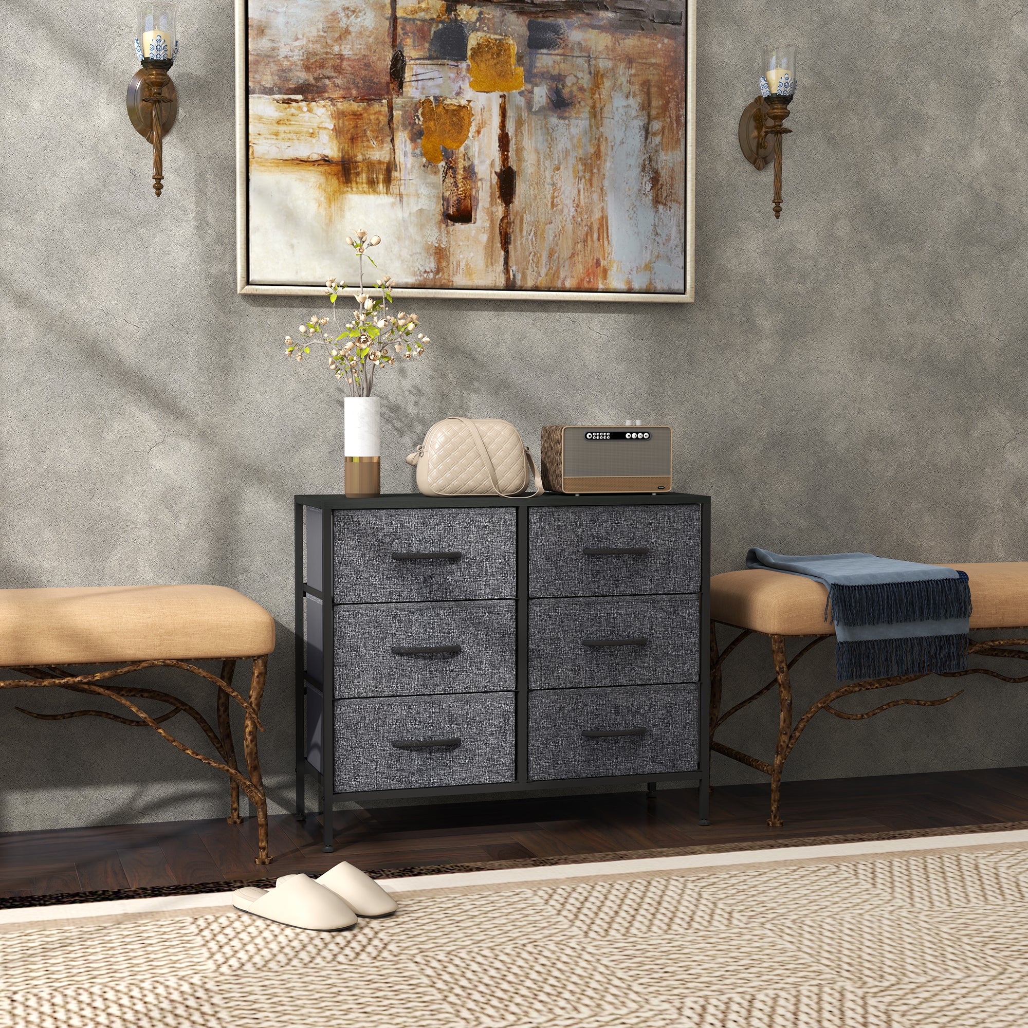 HOMCOM 6 Drawer Fabric Chest of Drawers w/ Wooden Top for Hallway - Image 2