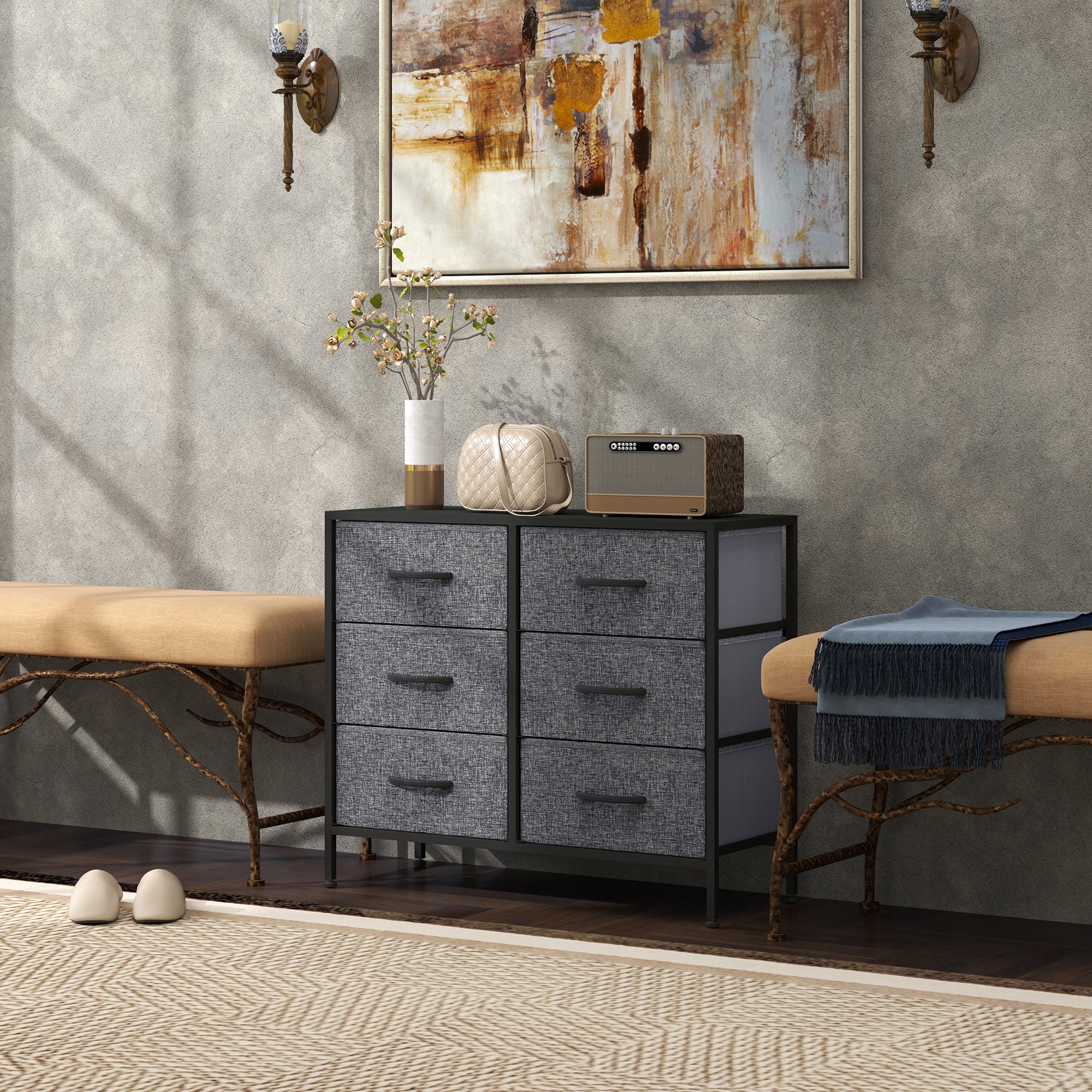 HOMCOM 6 Drawer Fabric Chest of Drawers w/ Wooden Top for Hallway - Image 9