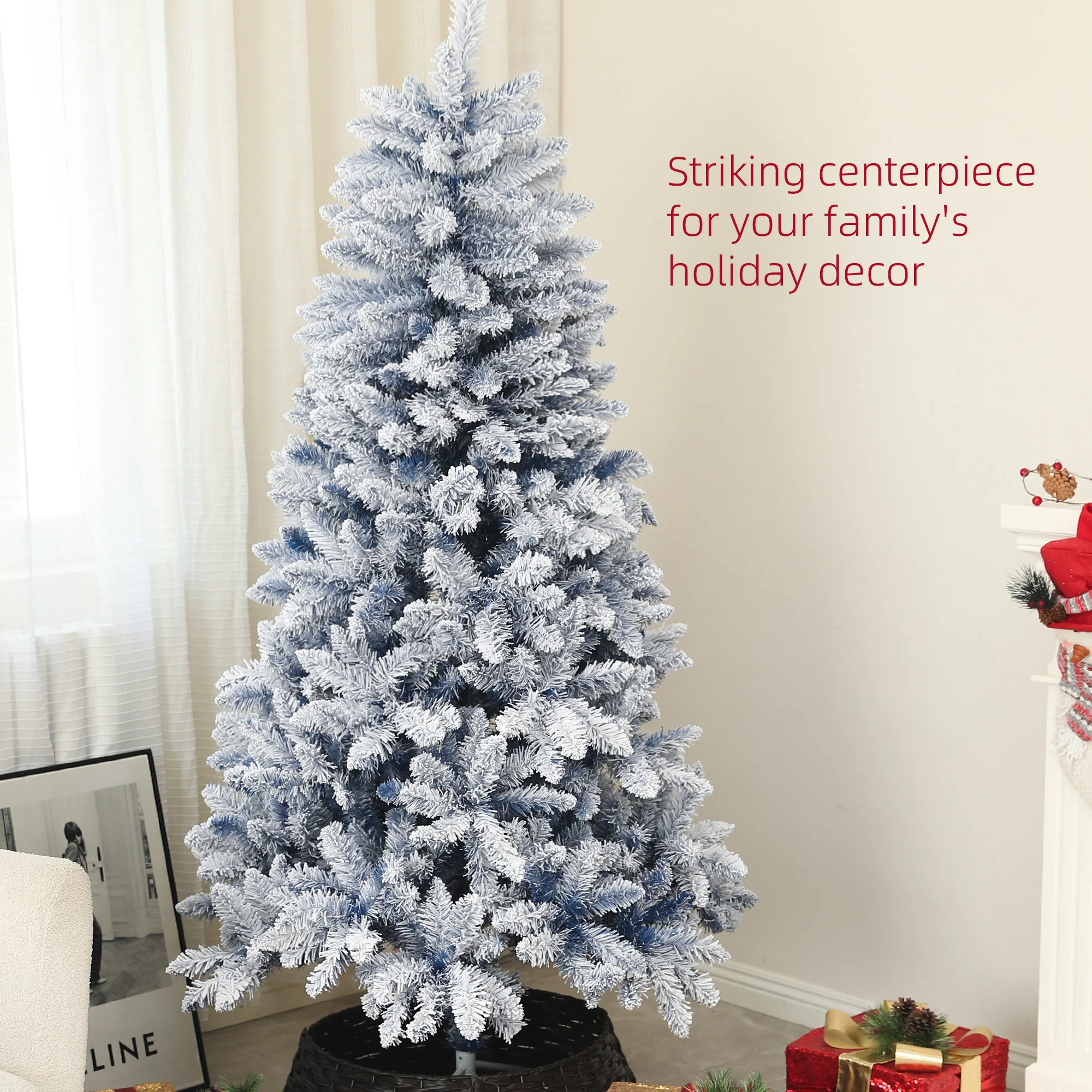 HOMCOM 6 Foot Artificial Blue Snow Flocked Christmas Tree With Hinged Branches - Image 3
