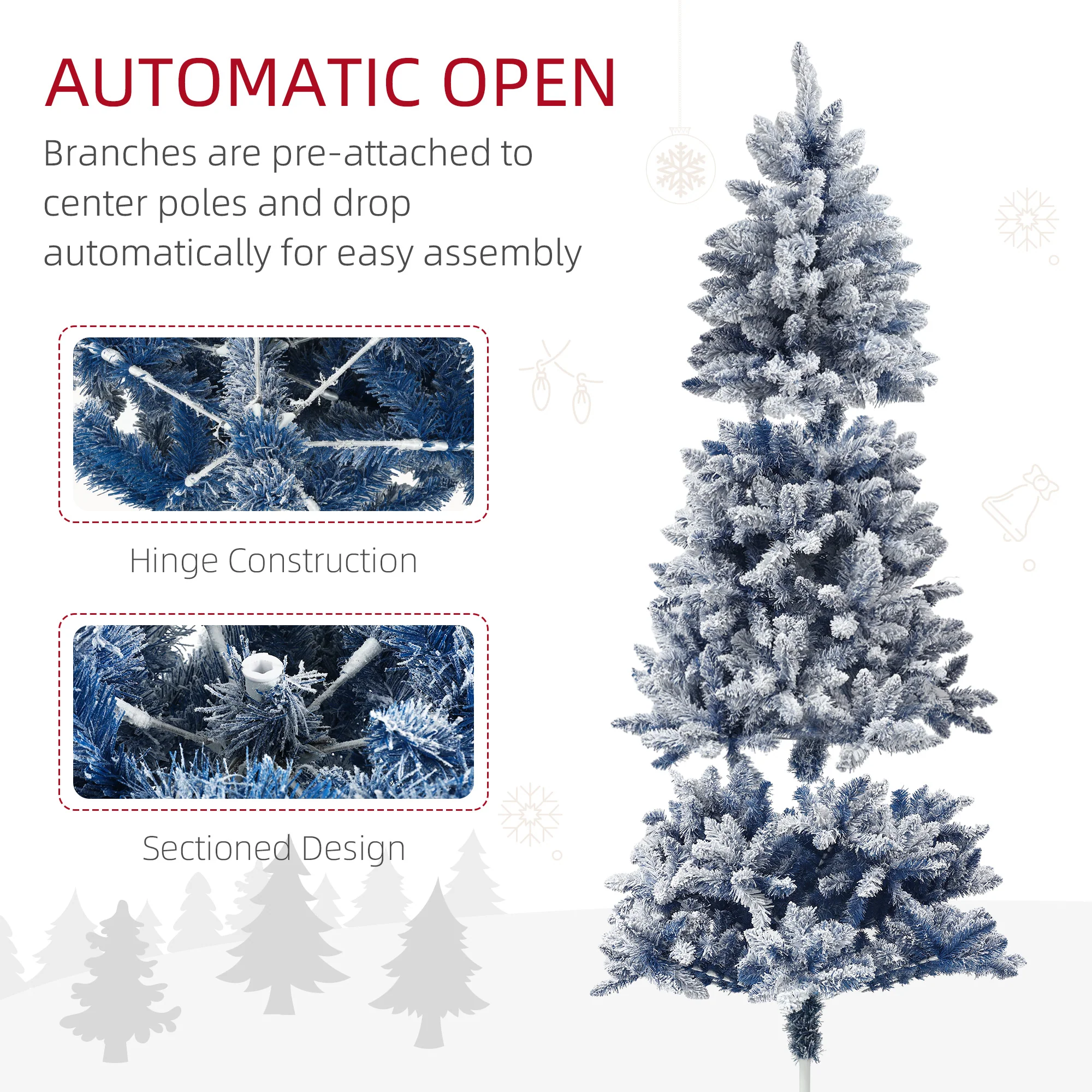 HOMCOM 6 Foot Artificial Blue Snow Flocked Christmas Tree With Hinged Branches - Image 6