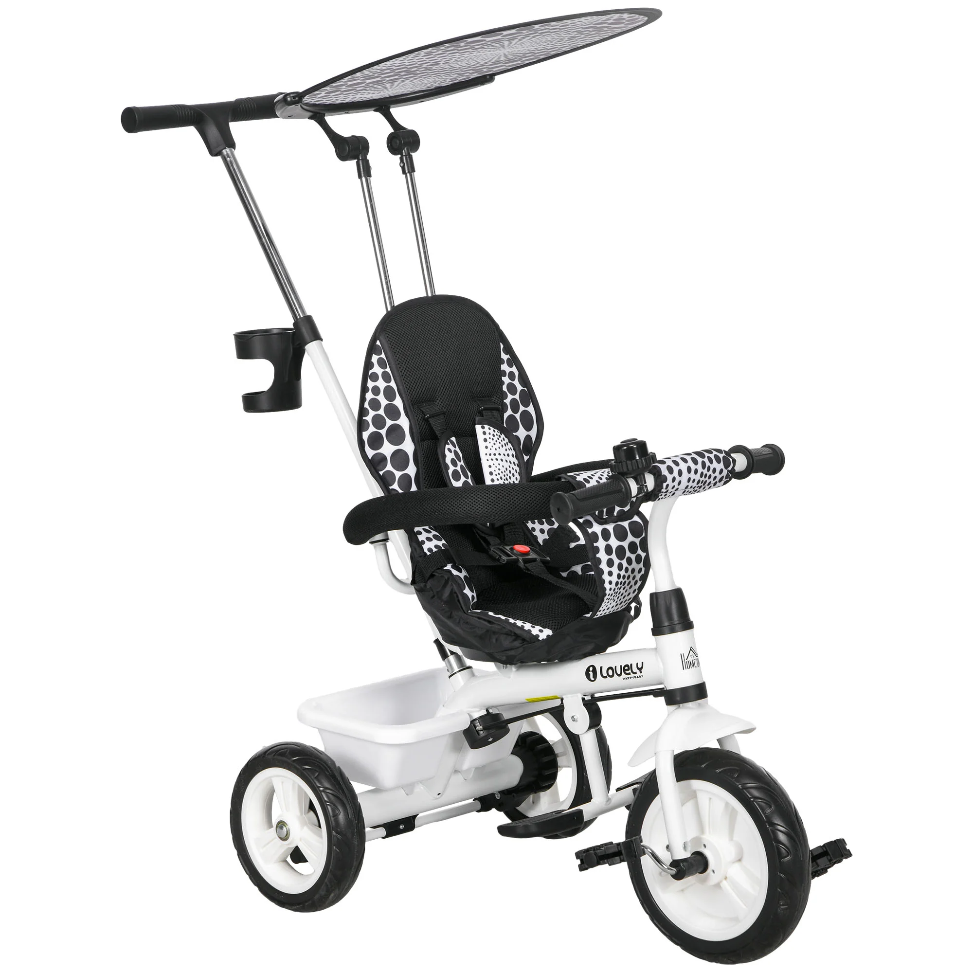 HOMCOM 6 In 1 White Kids Tricycle W/ Removable Handle For 1.5+ Year